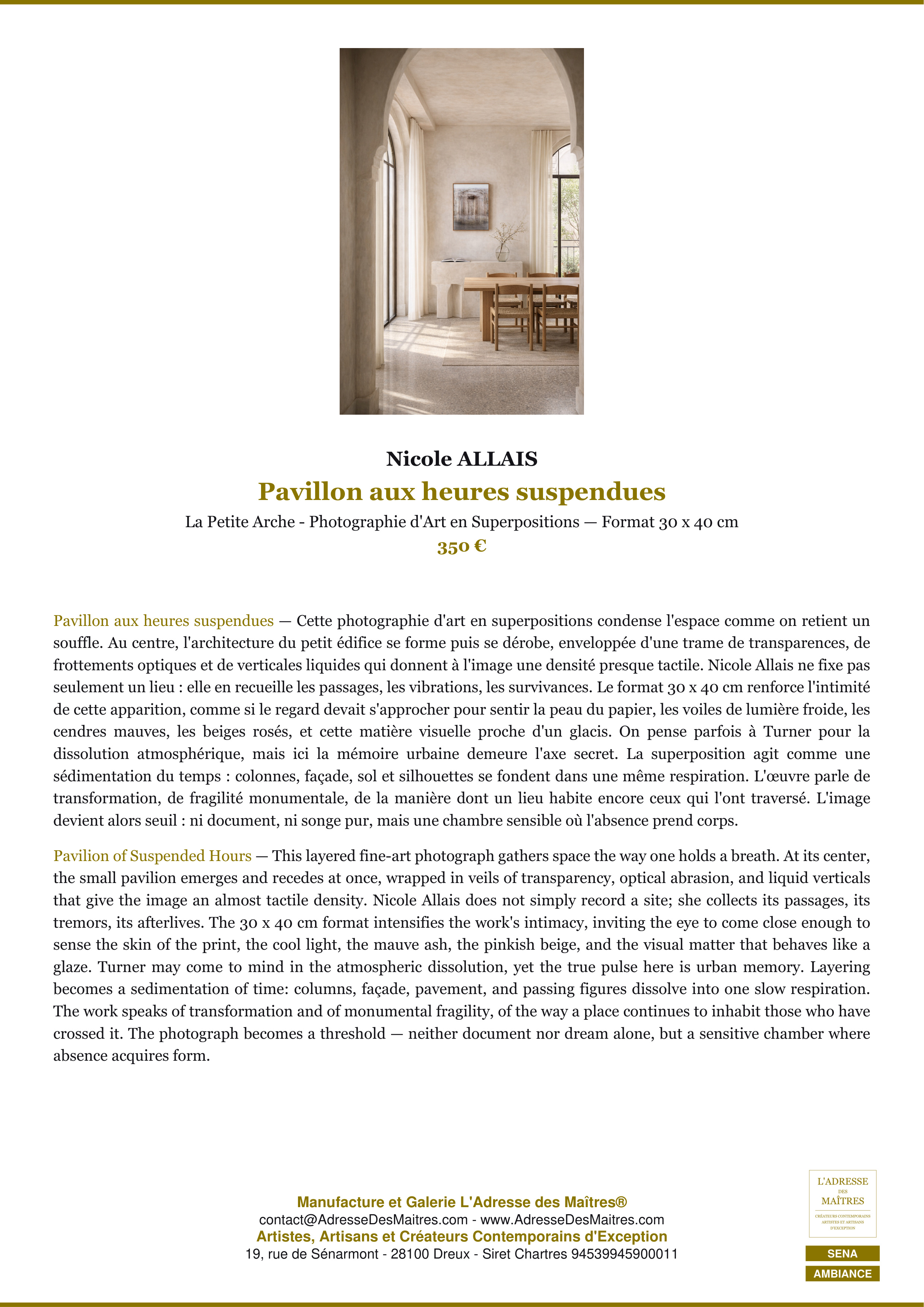Fiche Premium Ambiance — Pavillon aux heures suspendues — Nicole ALLAIS — L'Adresse des Maîtres®