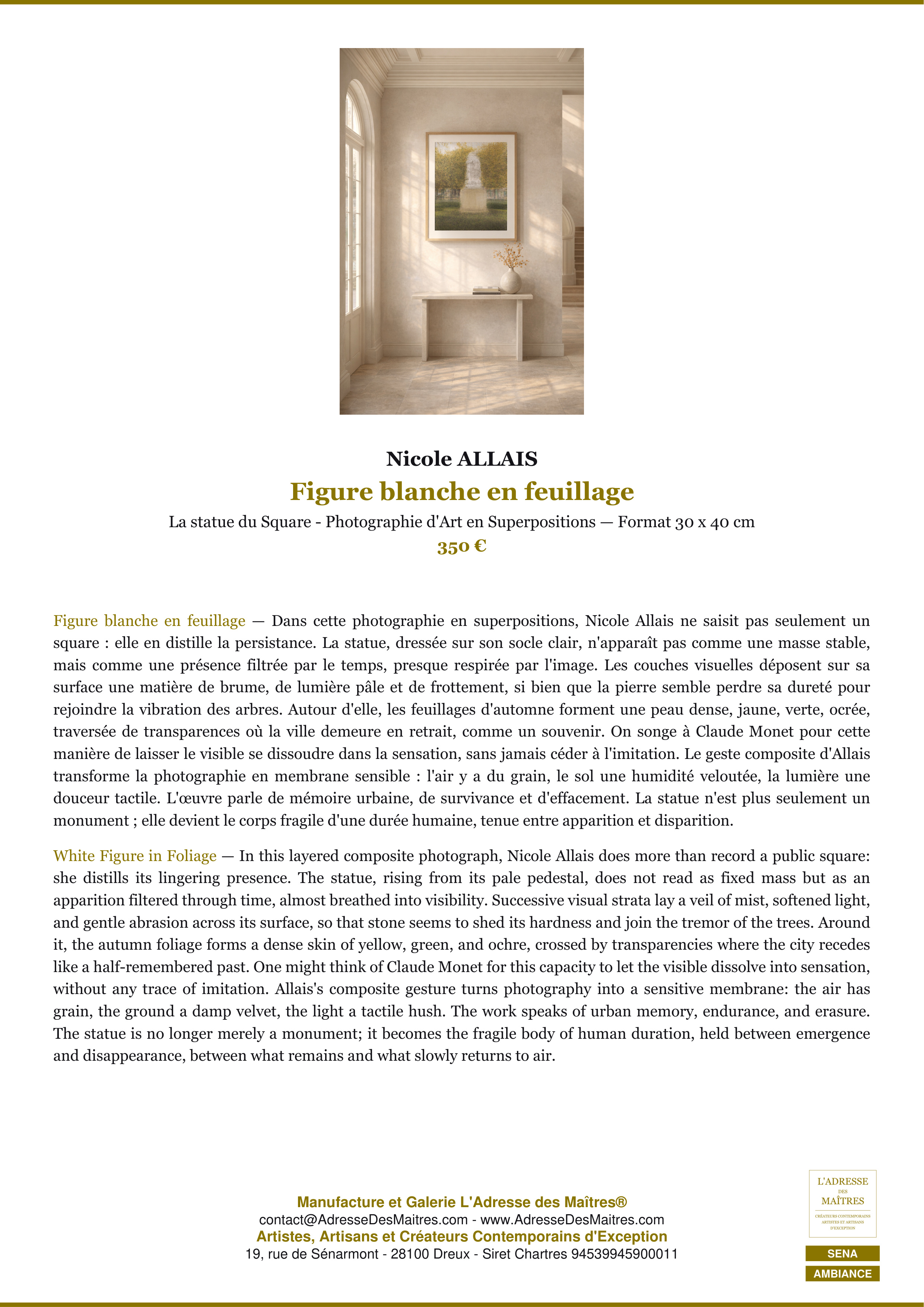 Fiche Premium Ambiance — Figure blanche en feuillage — Nicole ALLAIS — L'Adresse des Maîtres®