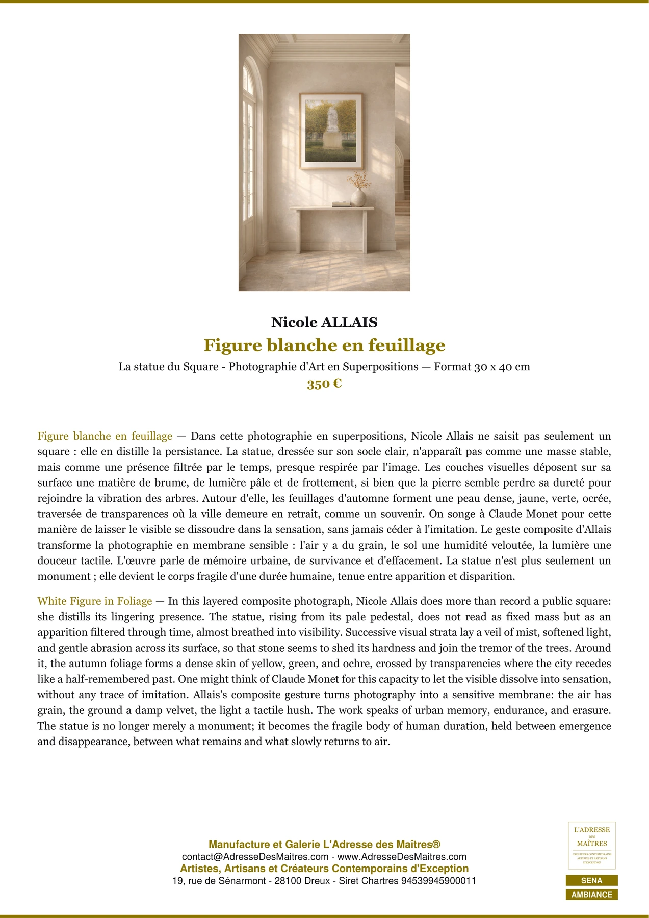 Fiche Premium Ambiance — Figure blanche en feuillage — Nicole ALLAIS — L'Adresse des Maîtres®