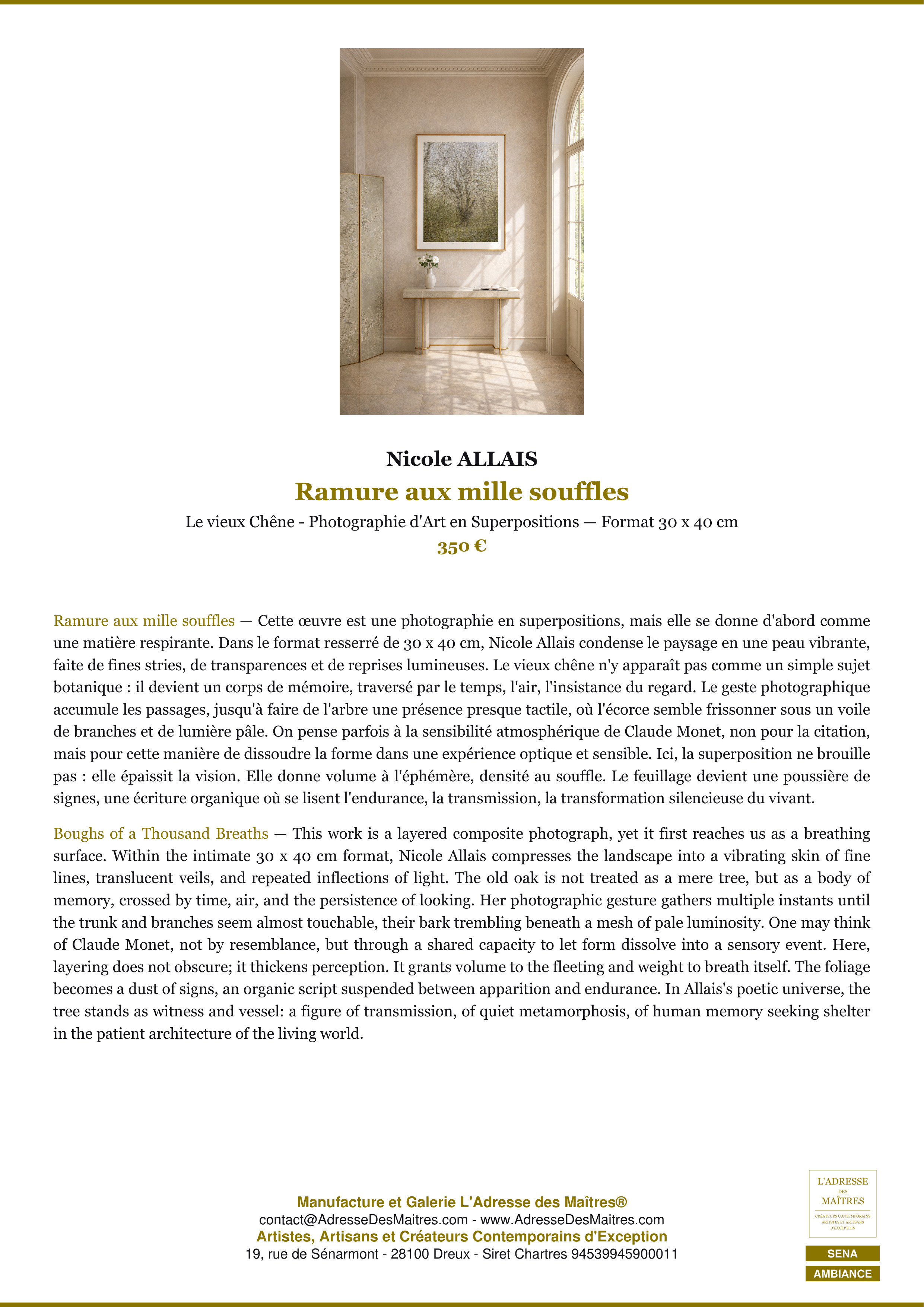 Fiche Premium Ambiance — Ramure aux mille souffles — Nicole ALLAIS — L'Adresse des Maîtres®