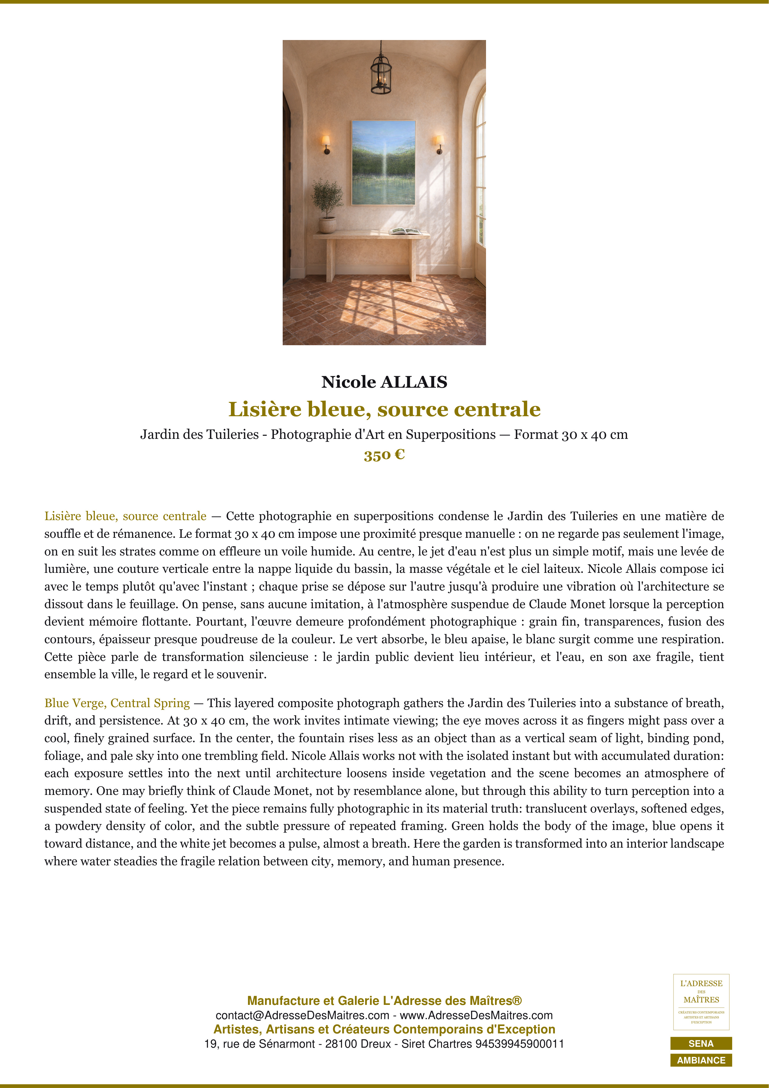 Fiche Premium Ambiance — Lisière bleue, source centrale — Nicole ALLAIS — L'Adresse des Maîtres®