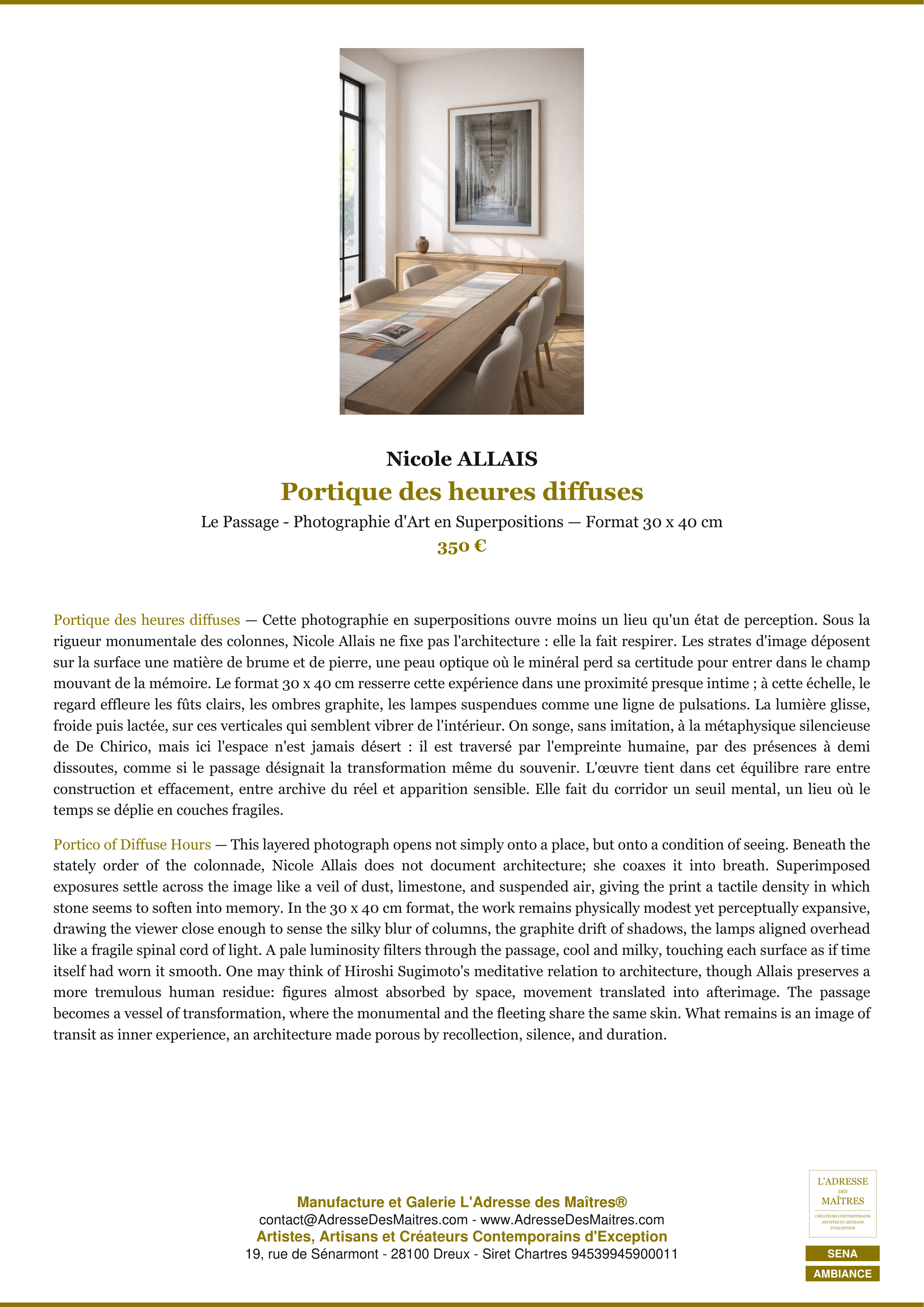 Fiche Premium Ambiance — Portique des heures diffuses — Nicole ALLAIS — L'Adresse des Maîtres®