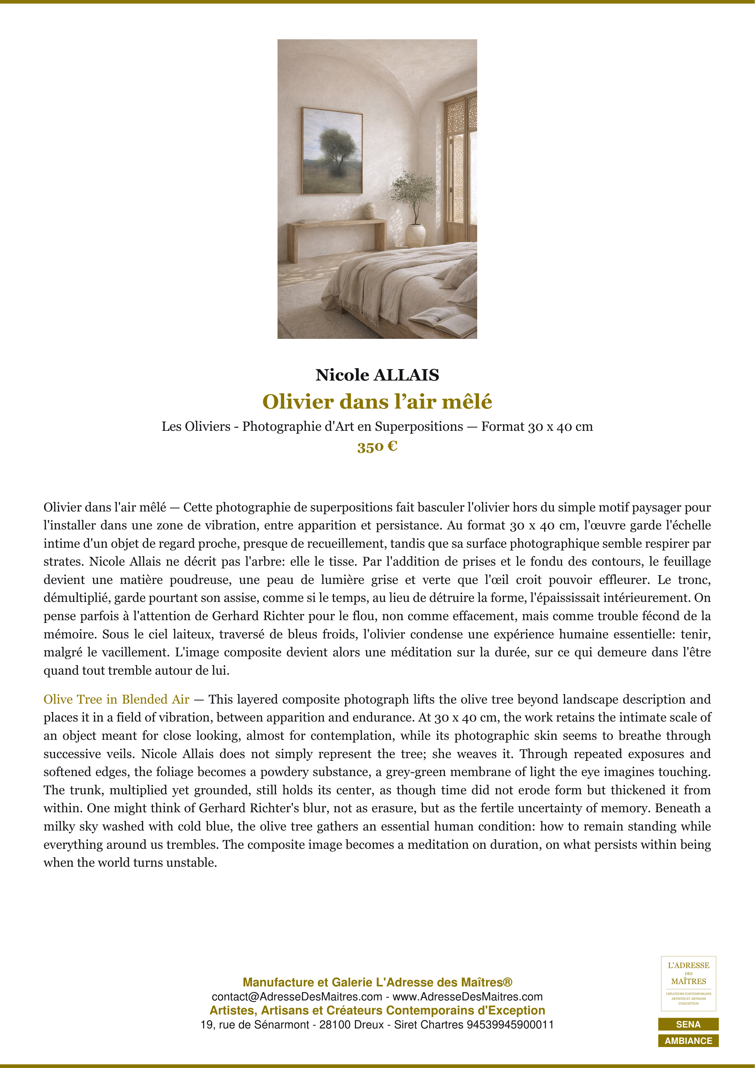 Fiche Premium Ambiance — Olivier dans l’air mêlé — Nicole ALLAIS — L'Adresse des Maîtres®