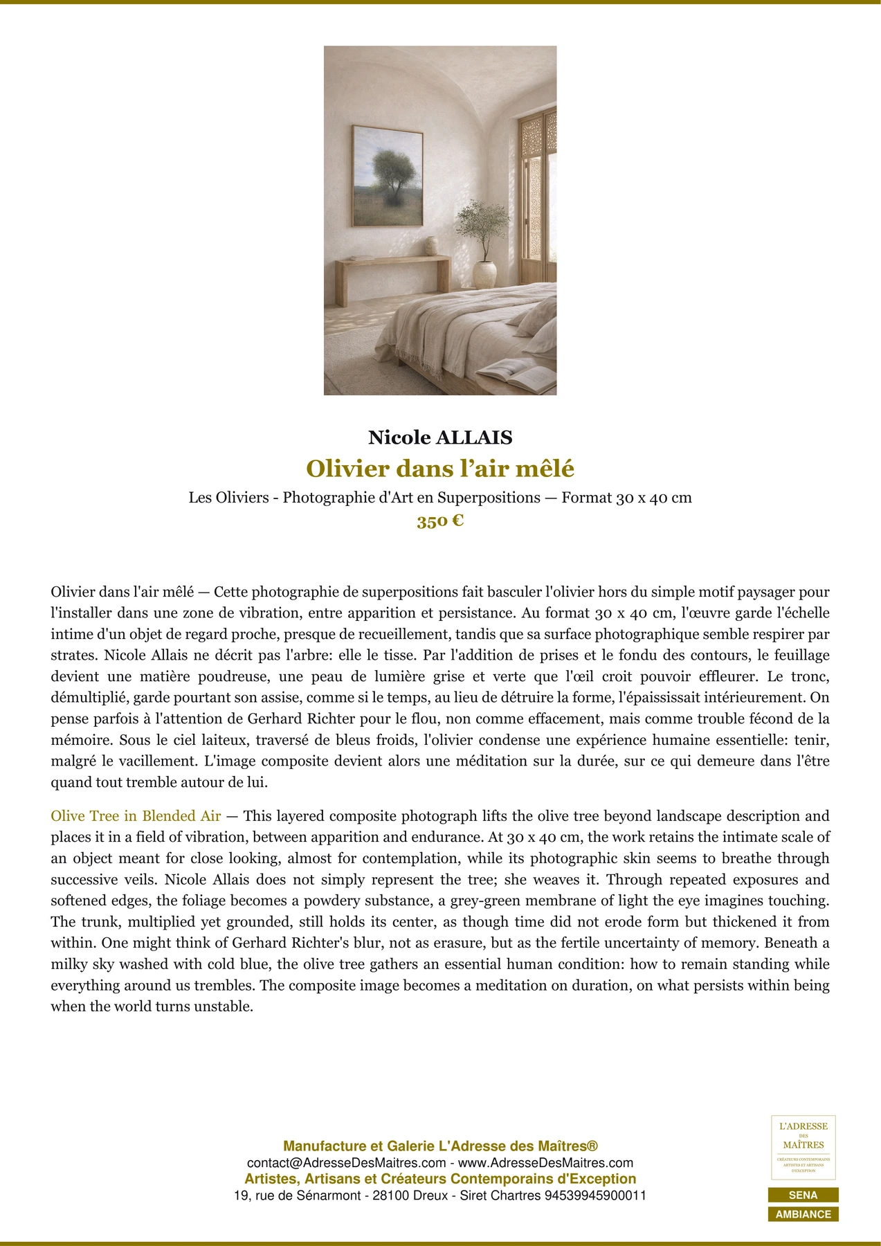 Fiche Premium Ambiance — Olivier dans l’air mêlé — Nicole ALLAIS — L'Adresse des Maîtres®