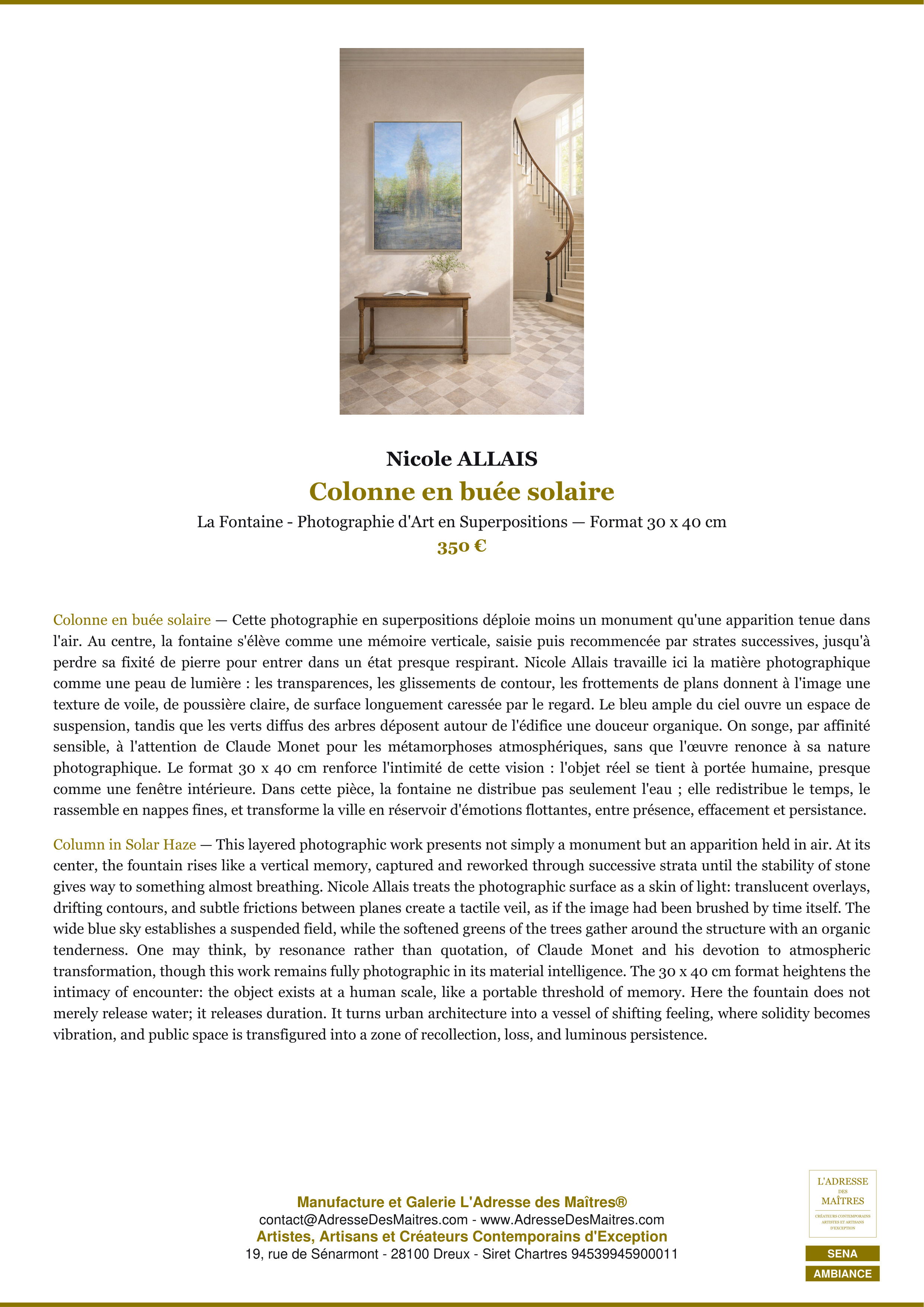 Fiche Premium Ambiance — Colonne en buée solaire — Nicole ALLAIS — L'Adresse des Maîtres®