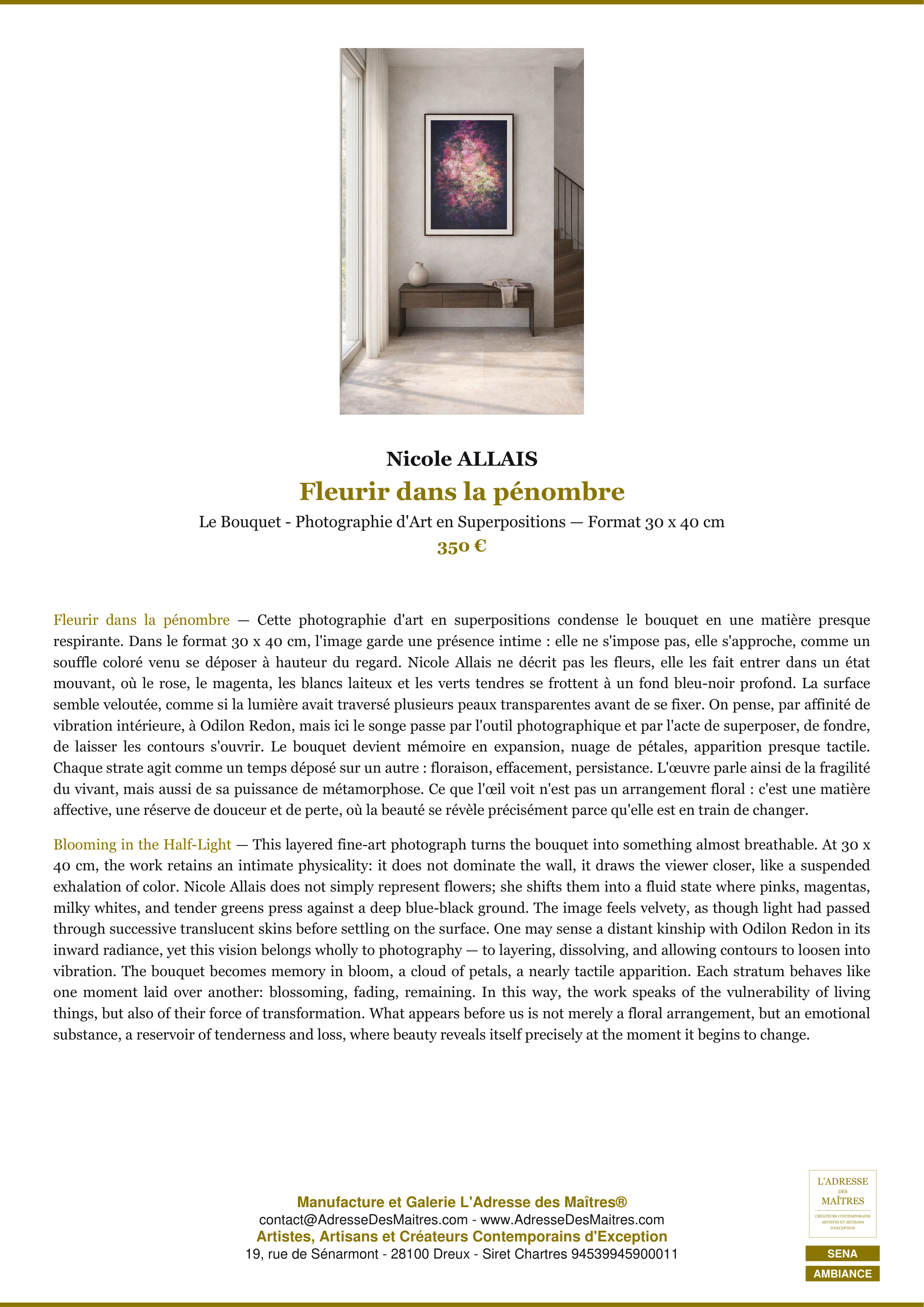 Fiche Premium Ambiance — Fleurir dans la pénombre — Nicole ALLAIS — L'Adresse des Maîtres®