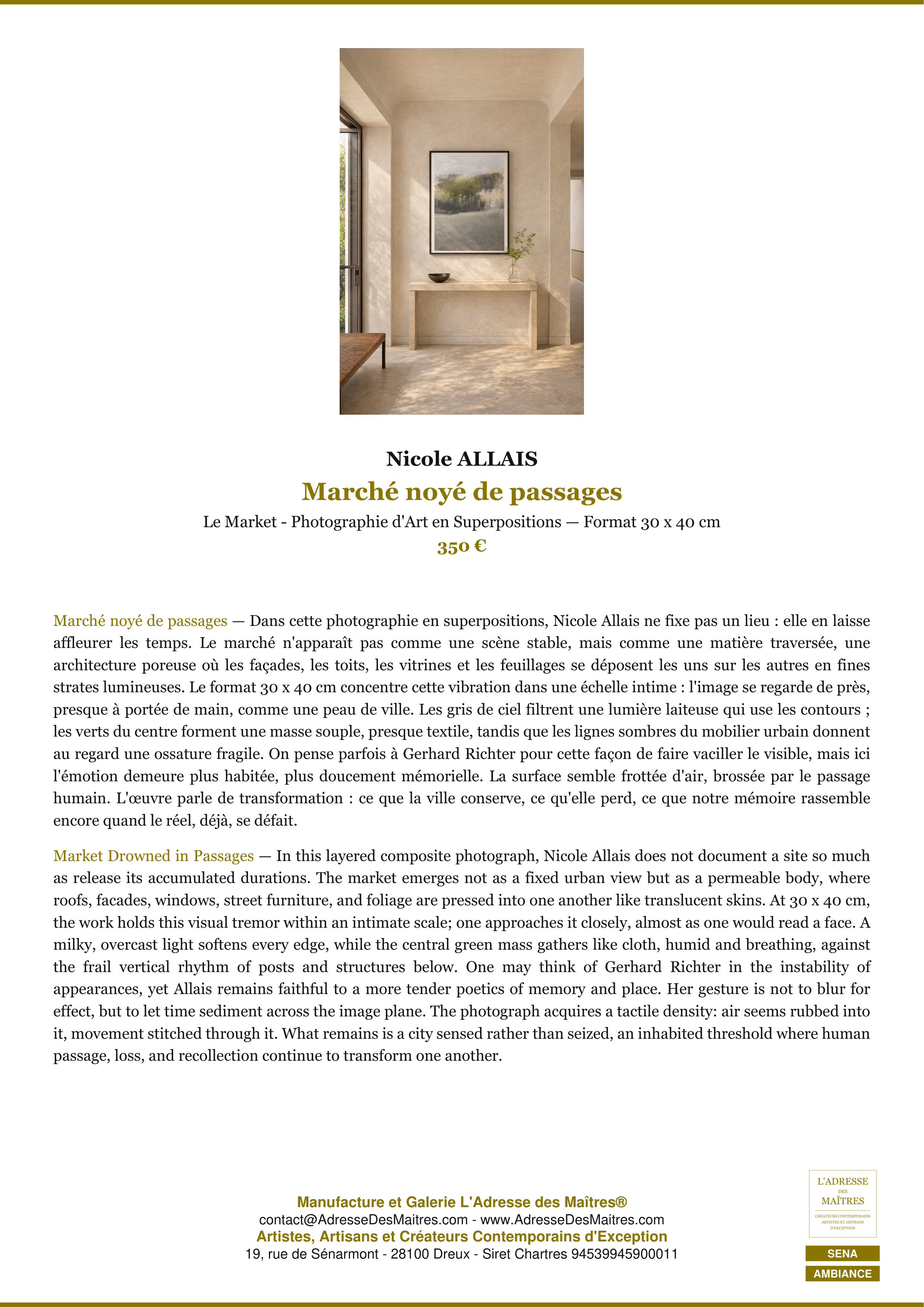 Fiche Premium Ambiance — Marché noyé de passages — Nicole ALLAIS — L'Adresse des Maîtres®