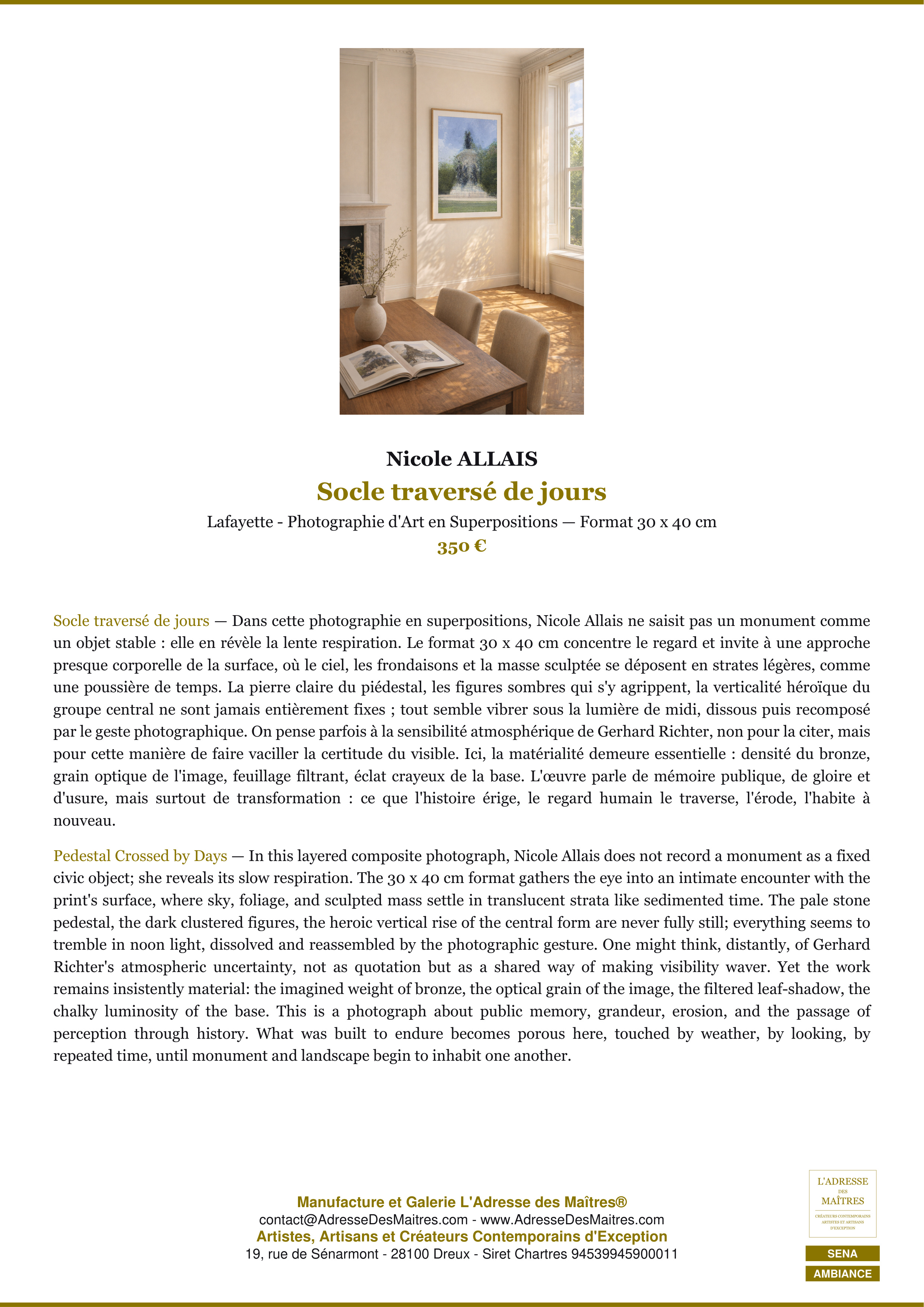 Fiche Premium Ambiance — Socle traversé de jours — Nicole ALLAIS — L'Adresse des Maîtres®