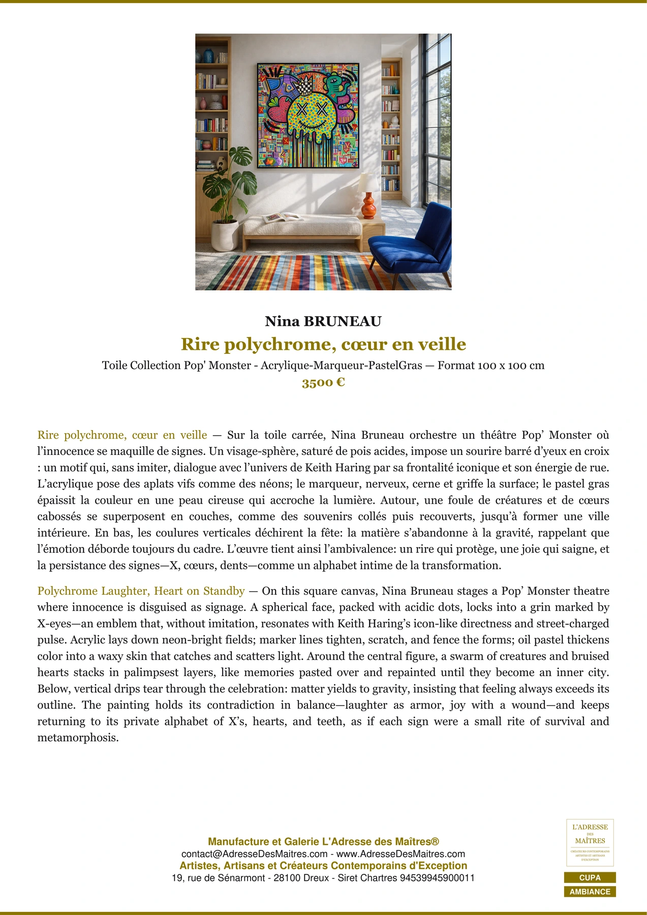 Fiche Premium Ambiance - Rire polychrome, cœur en veille - Nina BRUNEAU - L'Adresse des Maîtres®