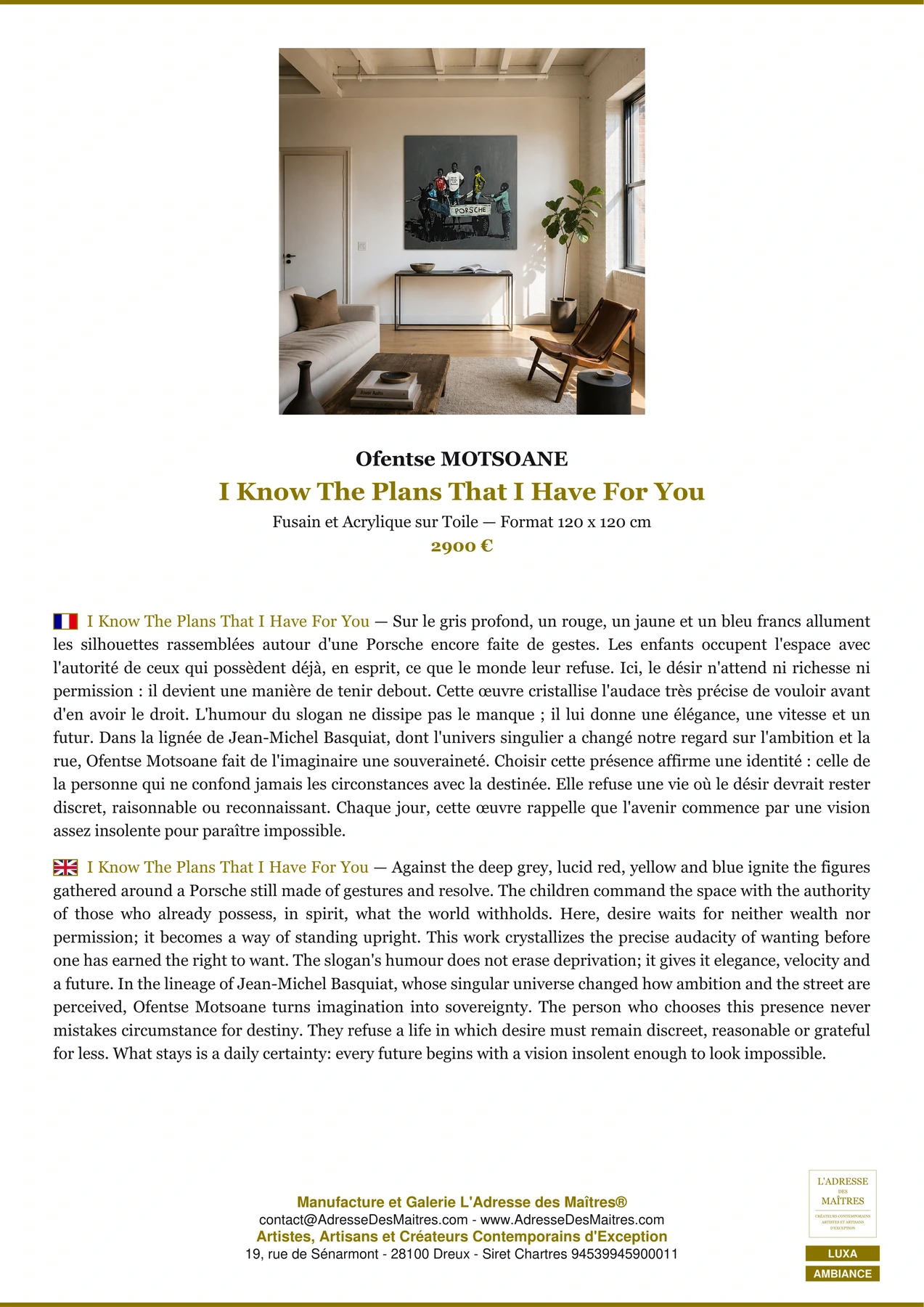 Fiche Premium Ambiance - I Know The Plans That I Have For You - Ofentse MOTSOANE - L'Adresse des Maîtres®