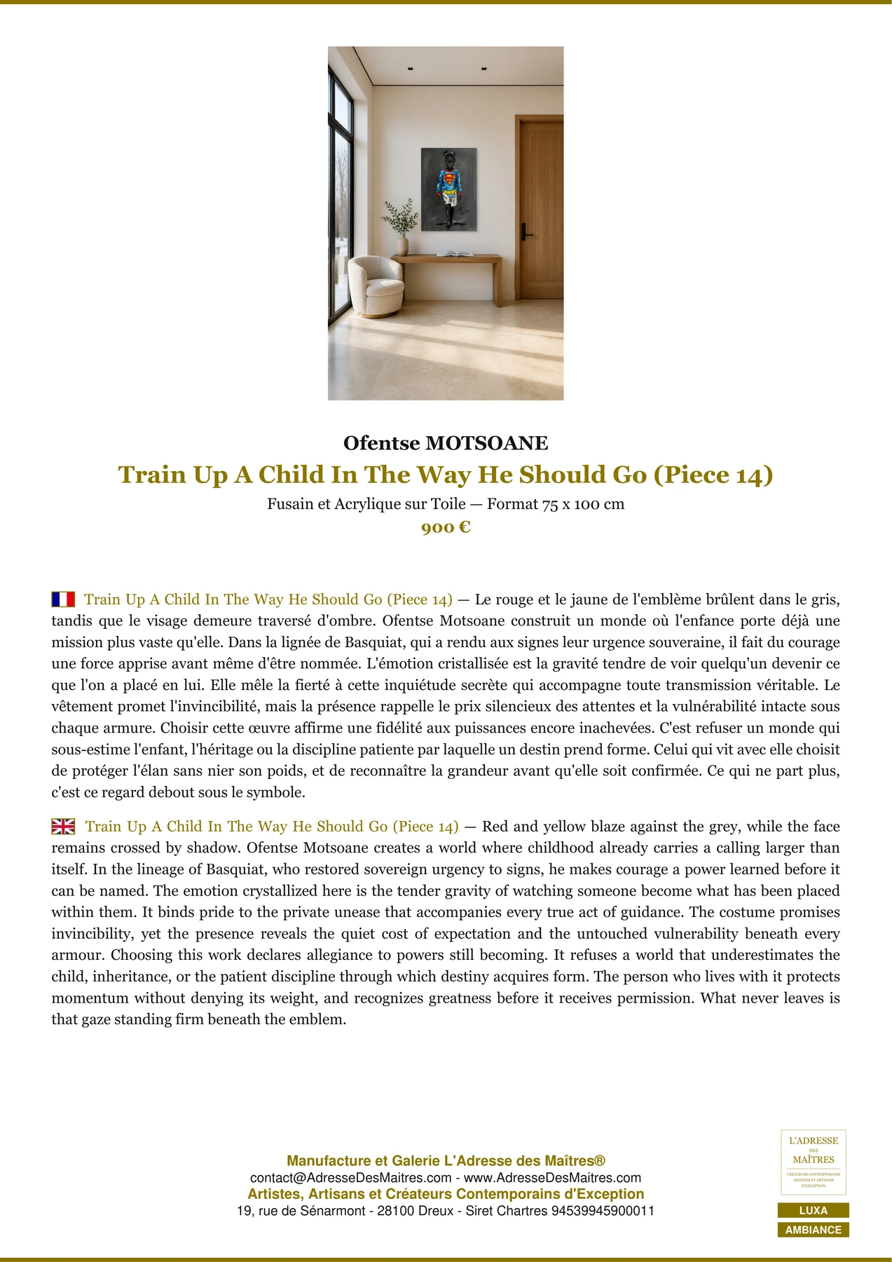 Fiche Premium Ambiance - Train Up A Child In The Way He Should Go (Piece 14) - Ofentse MOTSOANE - L'Adresse des Maîtres®