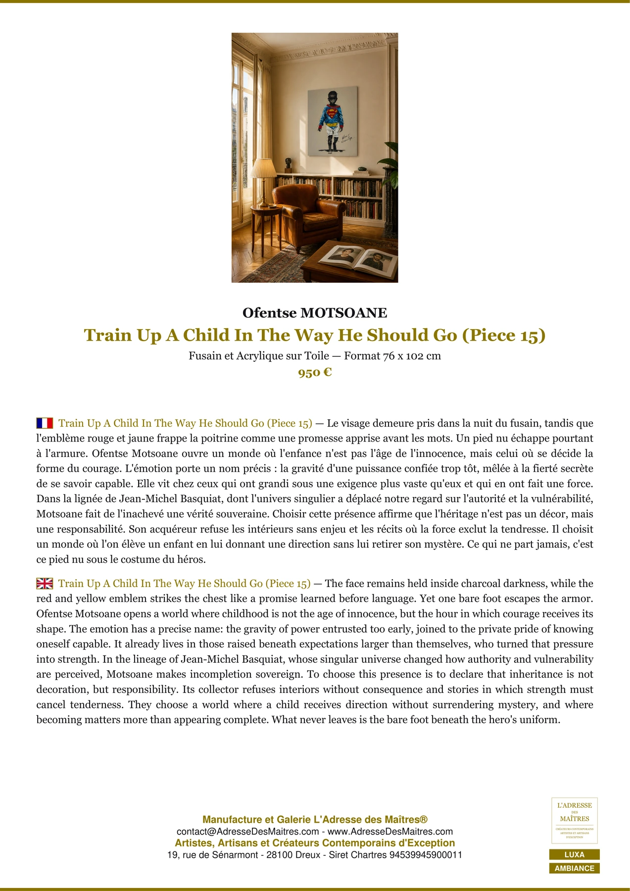 Fiche Premium Ambiance - Train Up A Child In The Way He Should Go (Piece 15) - Ofentse MOTSOANE - L'Adresse des Maîtres®