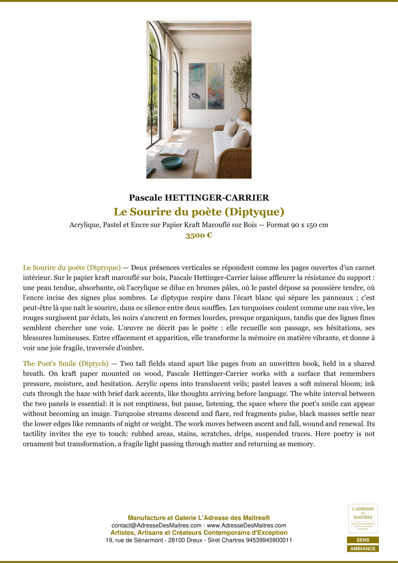 Fiche Premium Ambiance - Le Sourire du poète (Diptyque) - Pascale HETTINGER-CARRIER - L'Adresse des Maîtres®