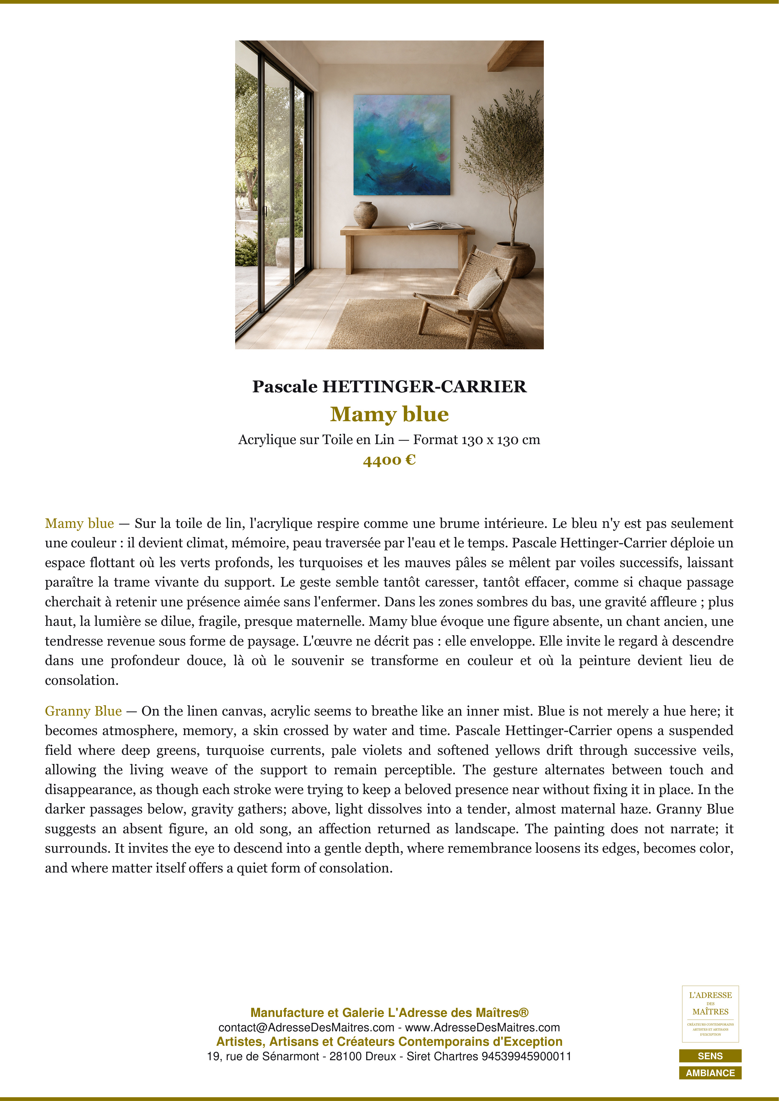 Fiche Premium Ambiance — Mamy blue — Pascale HETTINGER-CARRIER — L'Adresse des Maîtres®