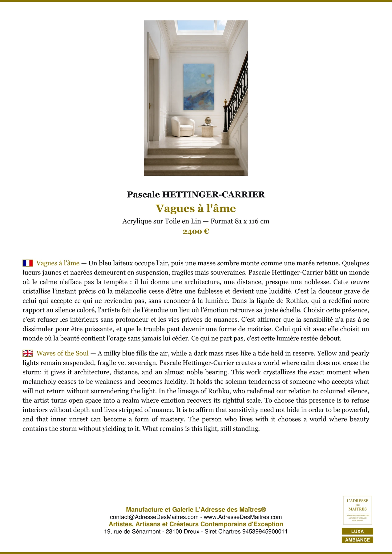 Fiche Premium Ambiance - Vagues à l'âme - Pascale HETTINGER-CARRIER - L'Adresse des Maîtres®