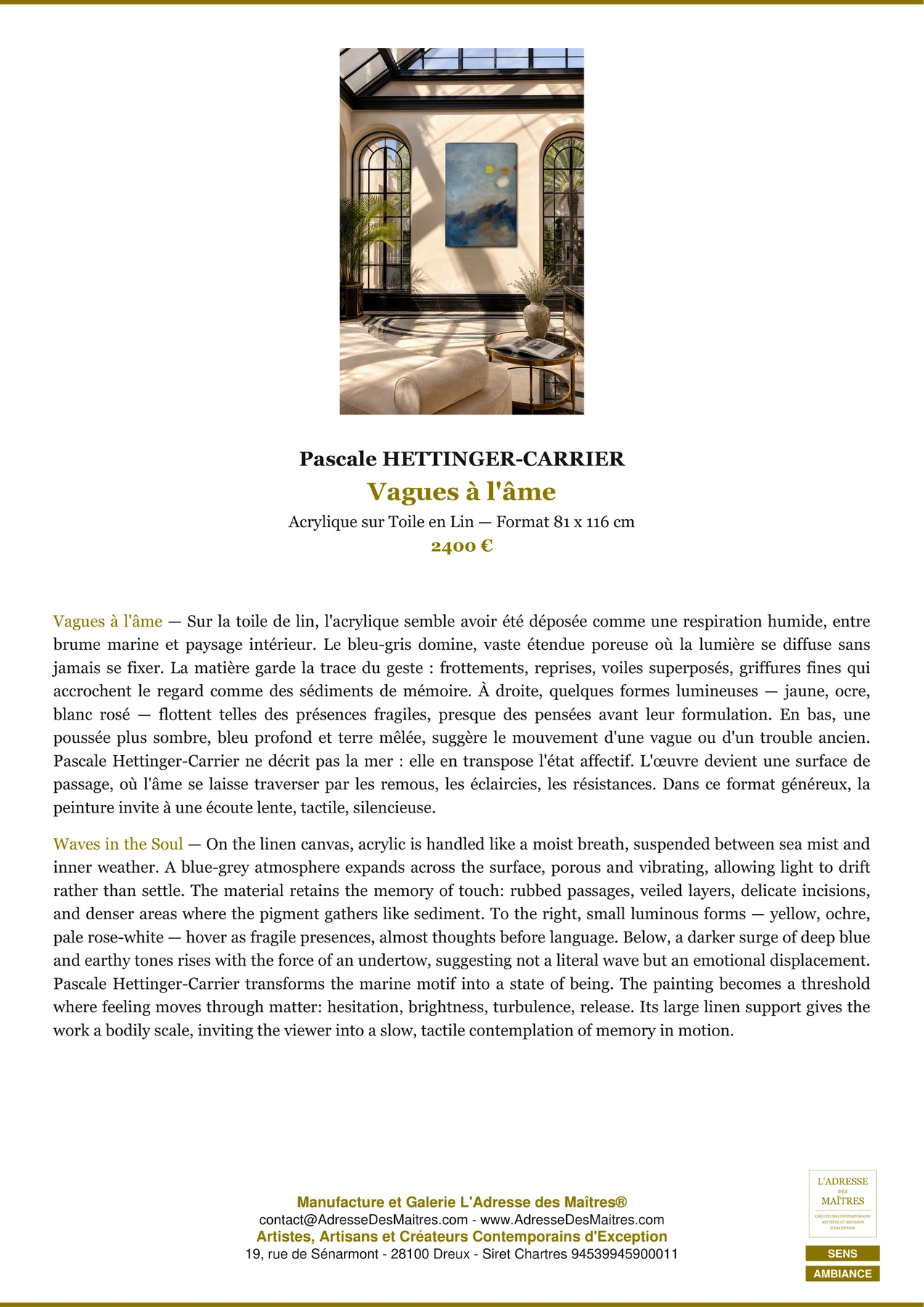 Fiche Premium Ambiance - Vagues à l'âme - Pascale HETTINGER-CARRIER - L'Adresse des Maîtres®