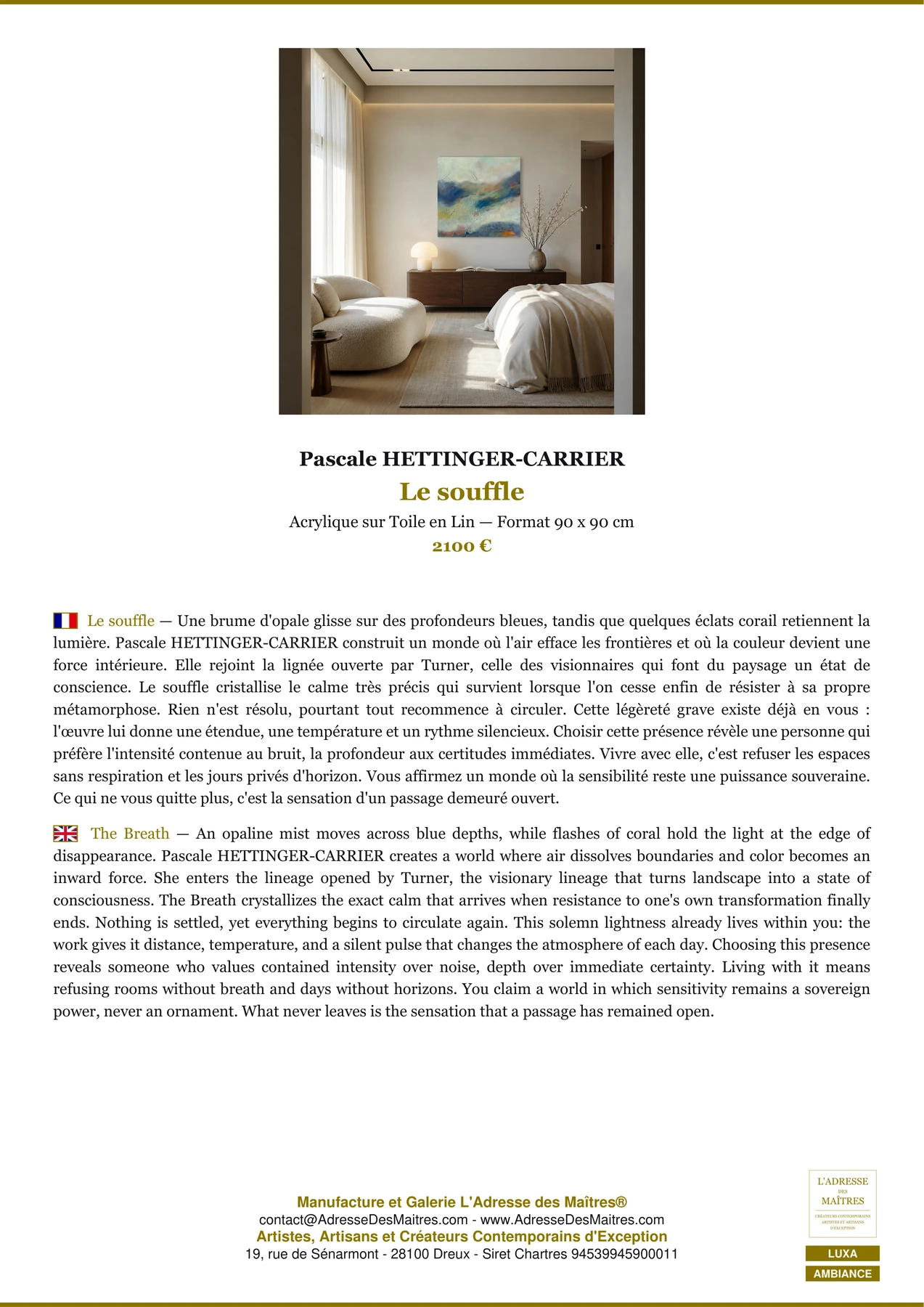 Fiche Premium Ambiance - Le souffle - Pascale HETTINGER-CARRIER - L'Adresse des Maîtres®