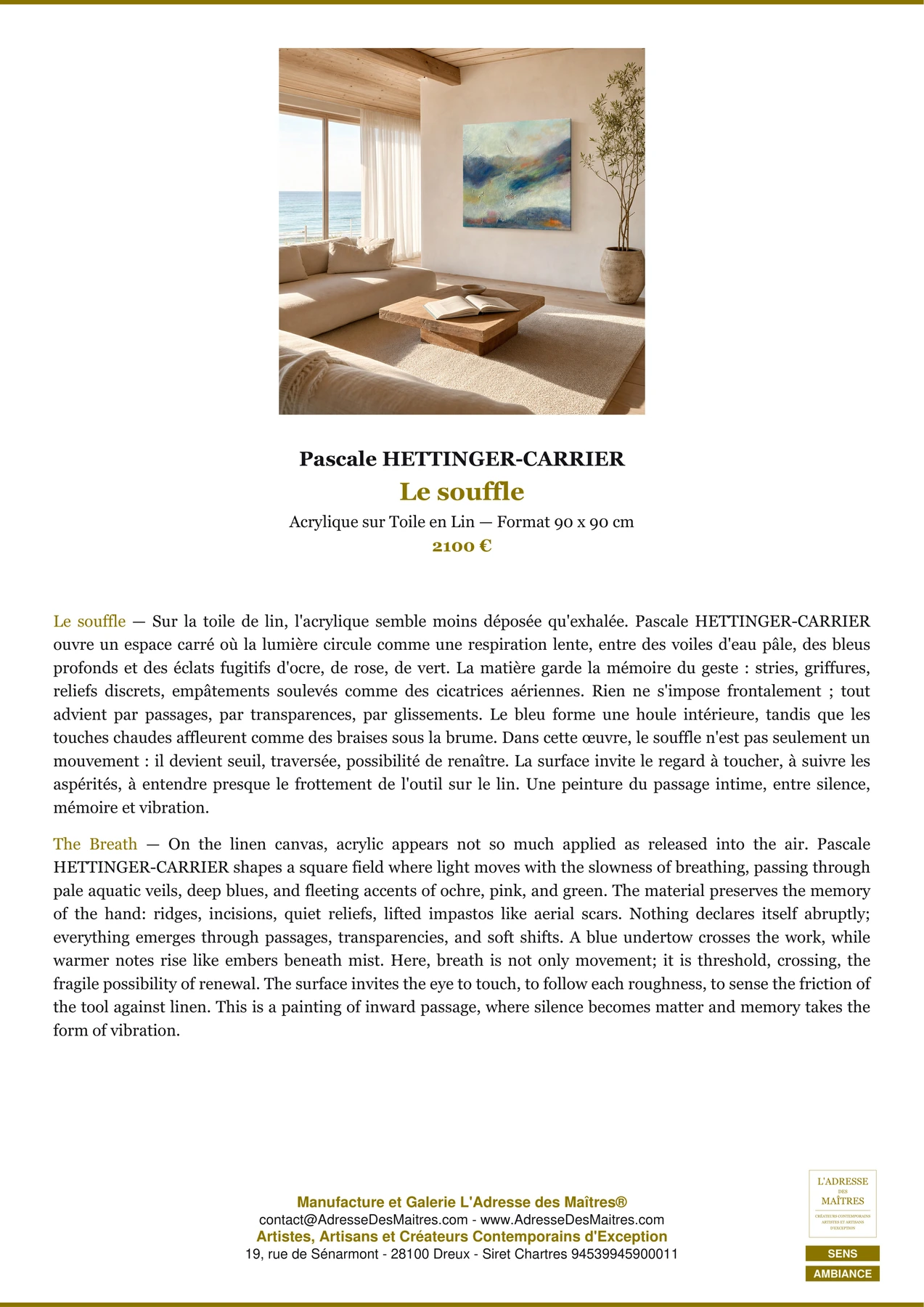 Fiche Premium Ambiance - Le souffle - Pascale HETTINGER-CARRIER - L'Adresse des Maîtres®