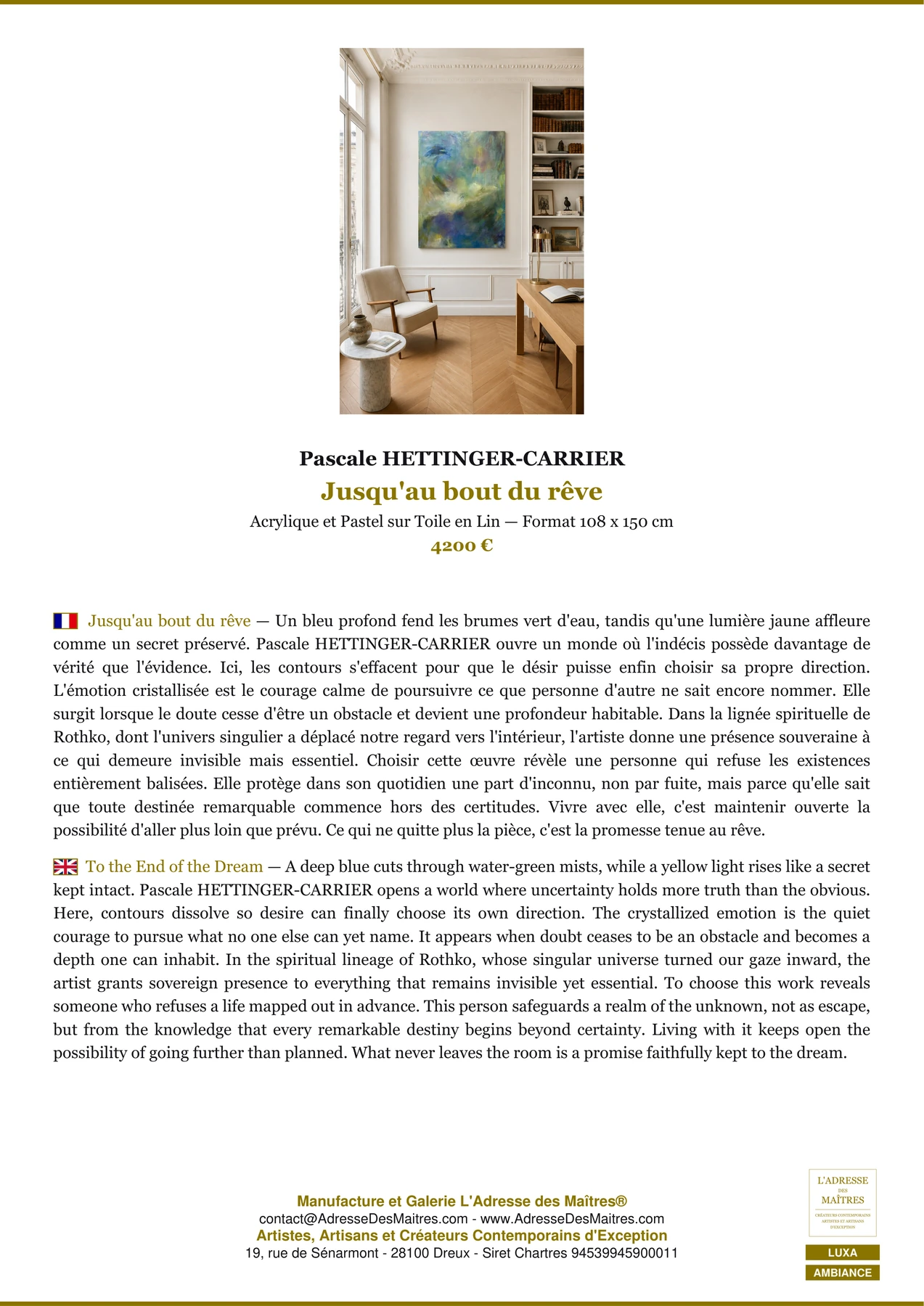 Fiche Premium Ambiance - Jusqu'au bout du rêve - Pascale HETTINGER-CARRIER - L'Adresse des Maîtres®