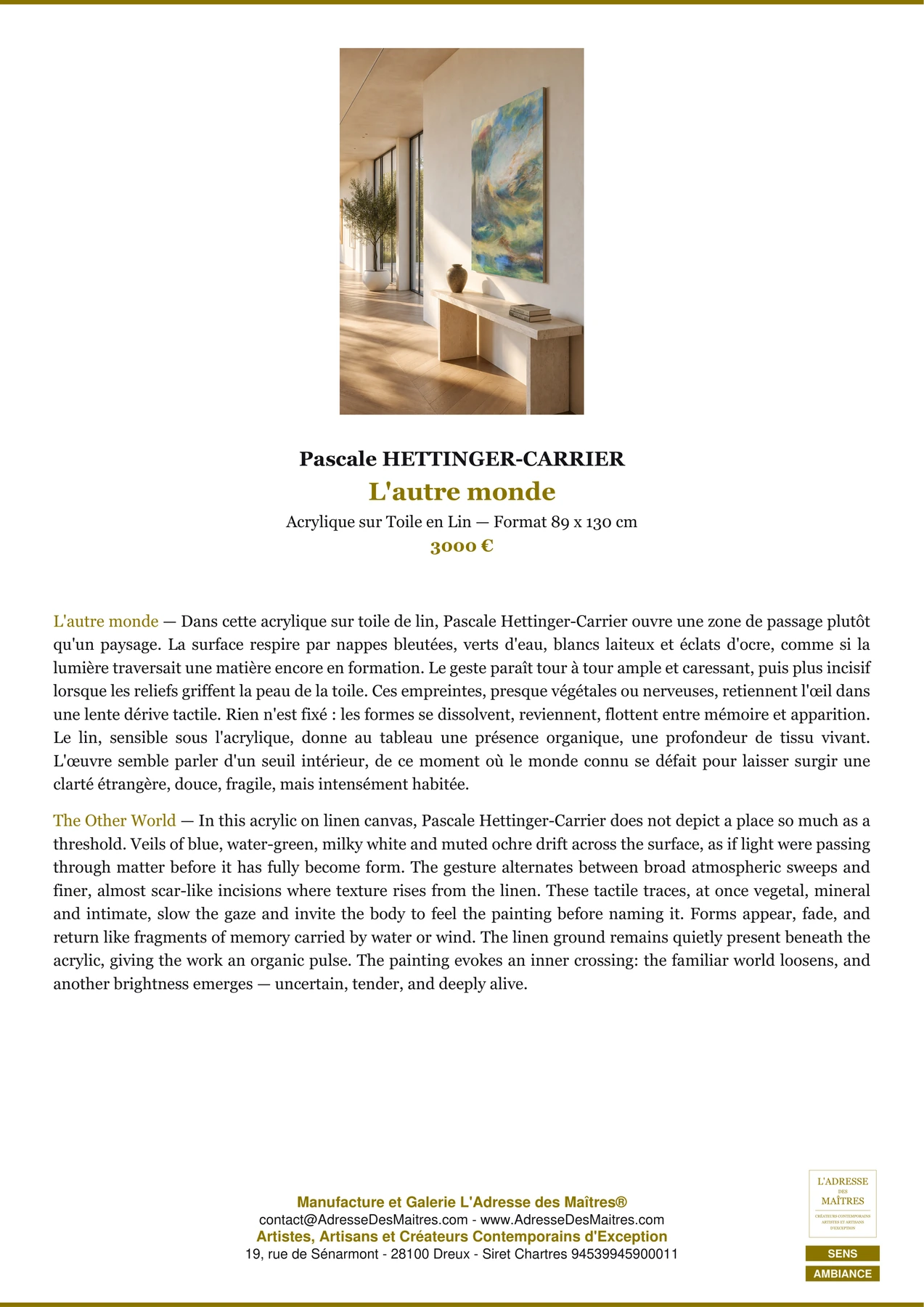 Fiche Premium Ambiance - L'autre monde - Pascale HETTINGER-CARRIER - L'Adresse des Maîtres®