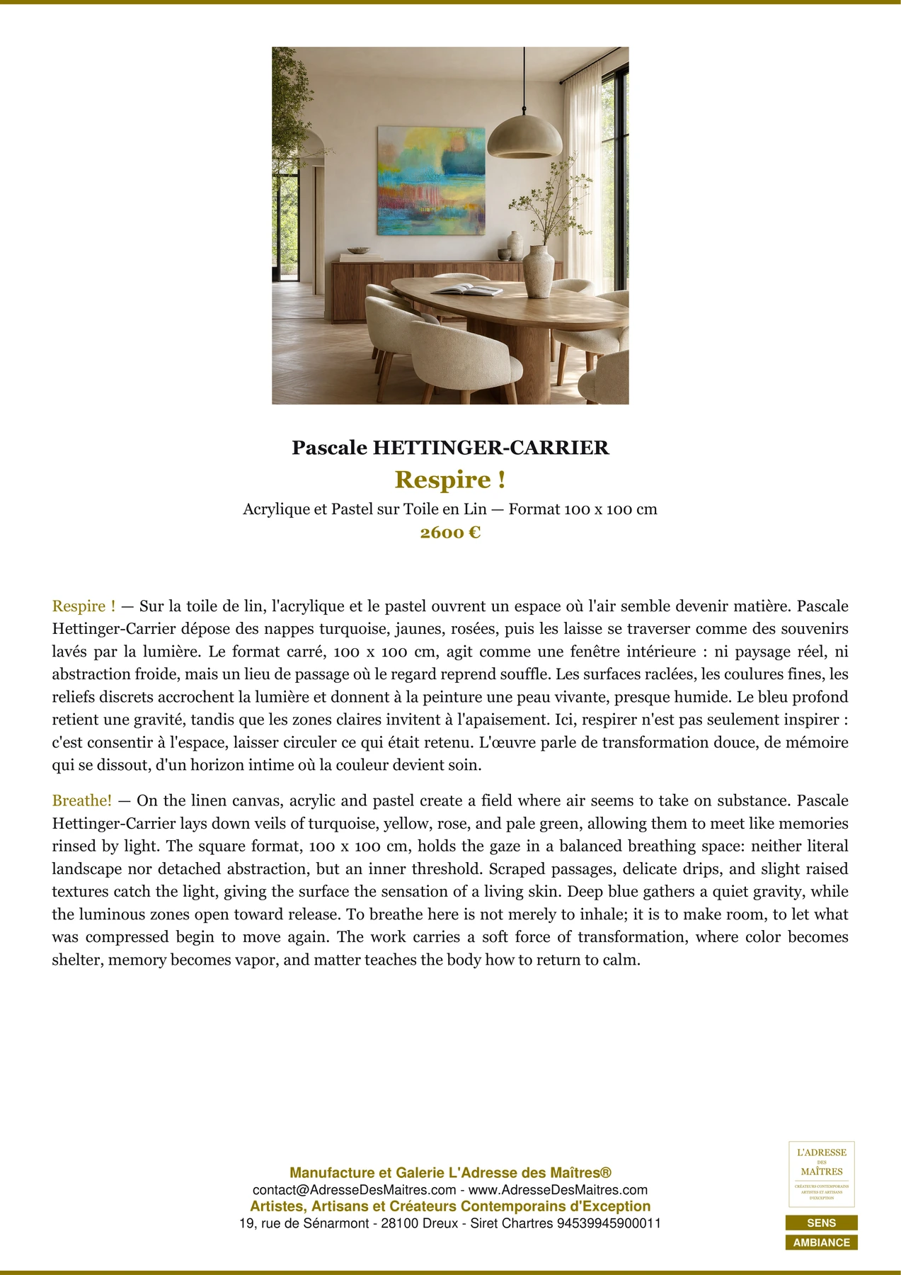 Fiche Premium Ambiance - Respire ! - Pascale HETTINGER-CARRIER - L'Adresse des Maîtres®