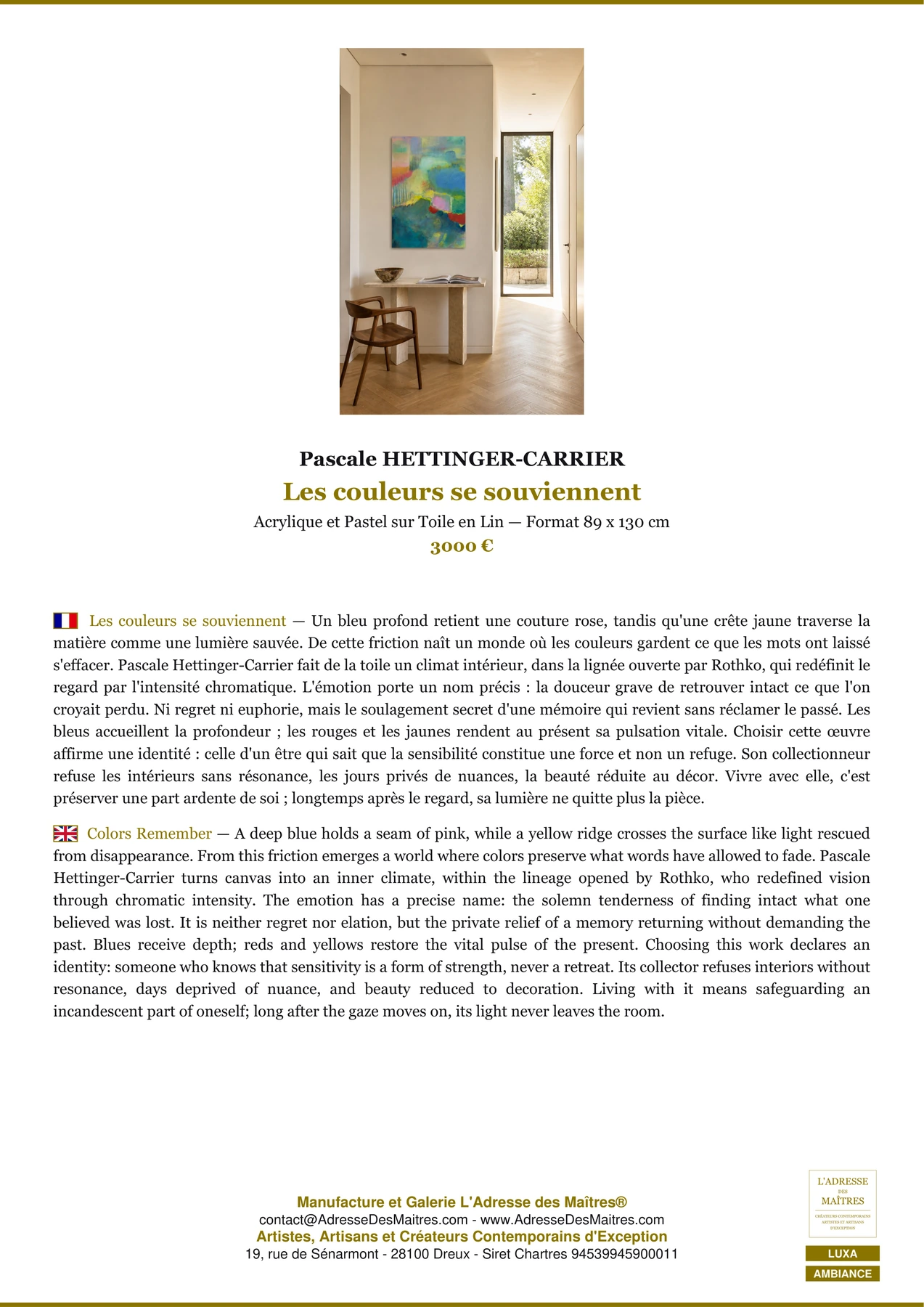 Fiche Premium Ambiance - Les couleurs se souviennent - Pascale HETTINGER-CARRIER - L'Adresse des Maîtres®