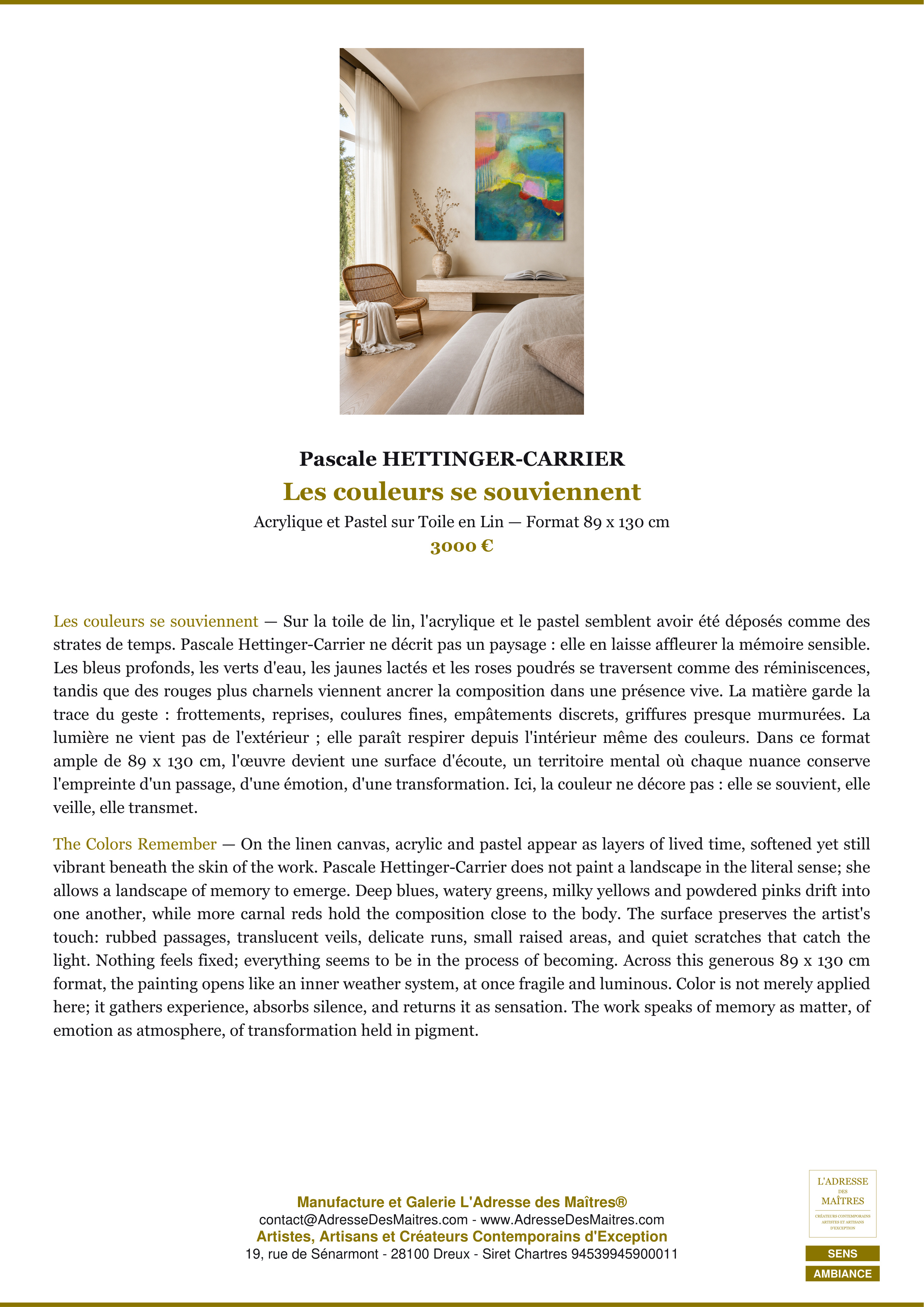 Fiche Premium Ambiance — Les couleurs se souviennent — Pascale HETTINGER-CARRIER — L'Adresse des Maîtres®