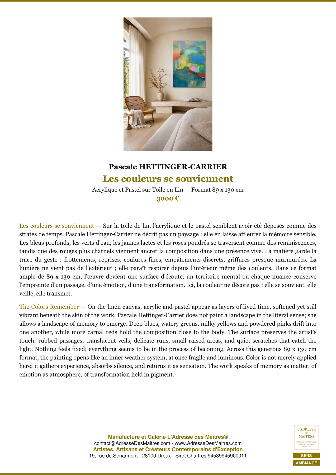 Fiche Premium Ambiance - Les couleurs se souviennent - Pascale HETTINGER-CARRIER - L'Adresse des Maîtres®