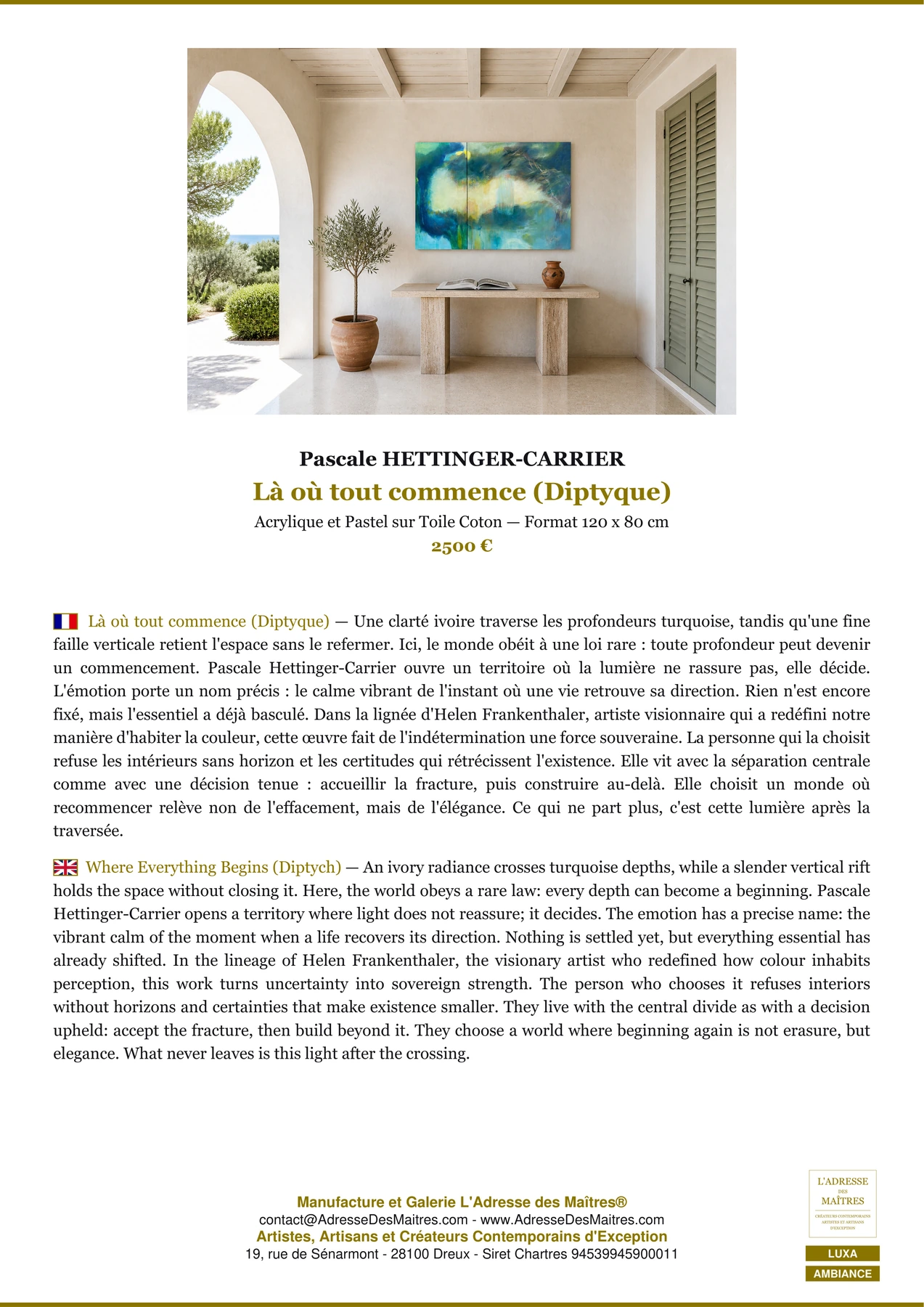 Fiche Premium Ambiance - Là où tout commence (Diptyque) - Pascale HETTINGER-CARRIER - L'Adresse des Maîtres®