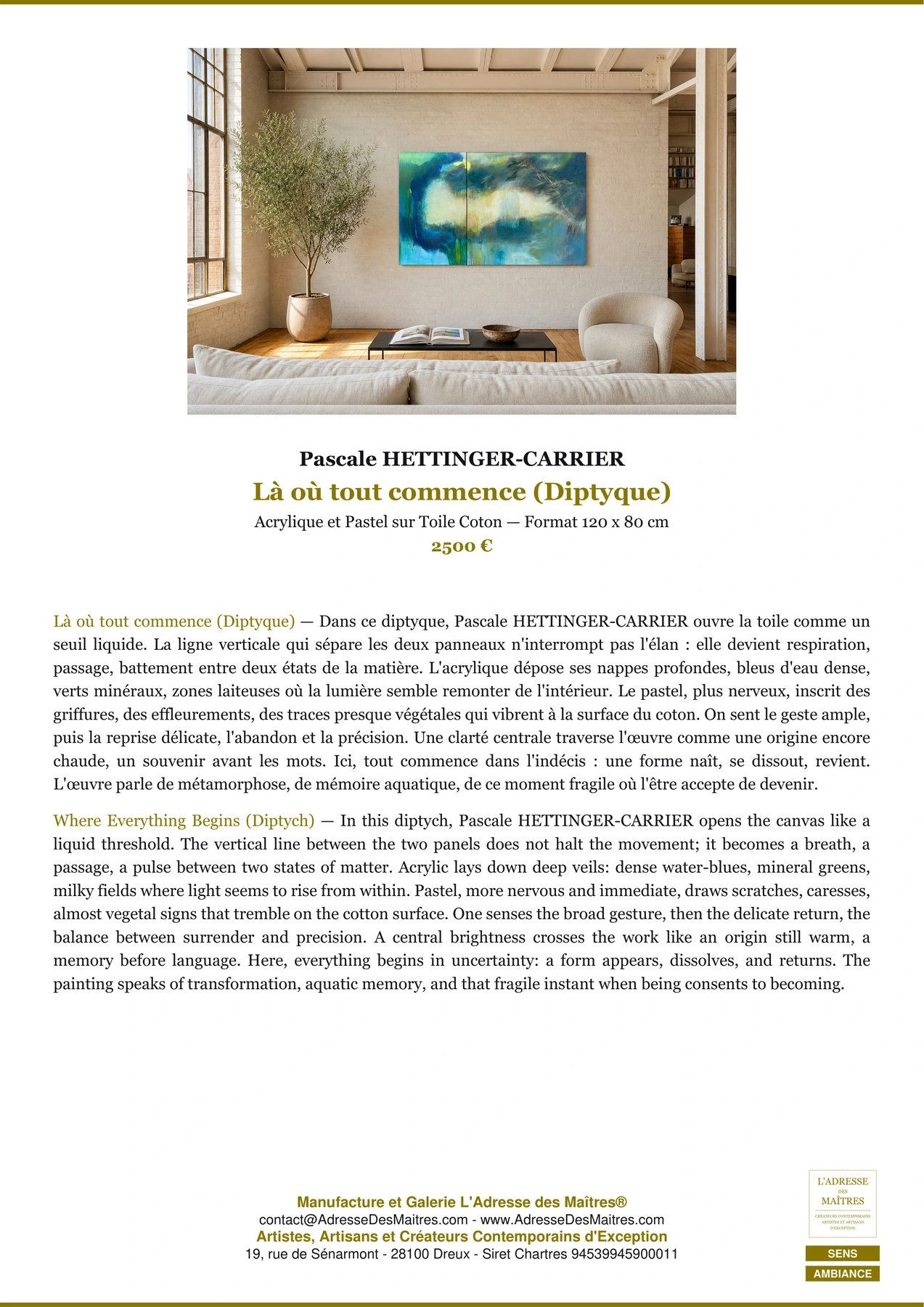 Fiche Premium Ambiance - Là où tout commence (Diptyque) - Pascale HETTINGER-CARRIER - L'Adresse des Maîtres®