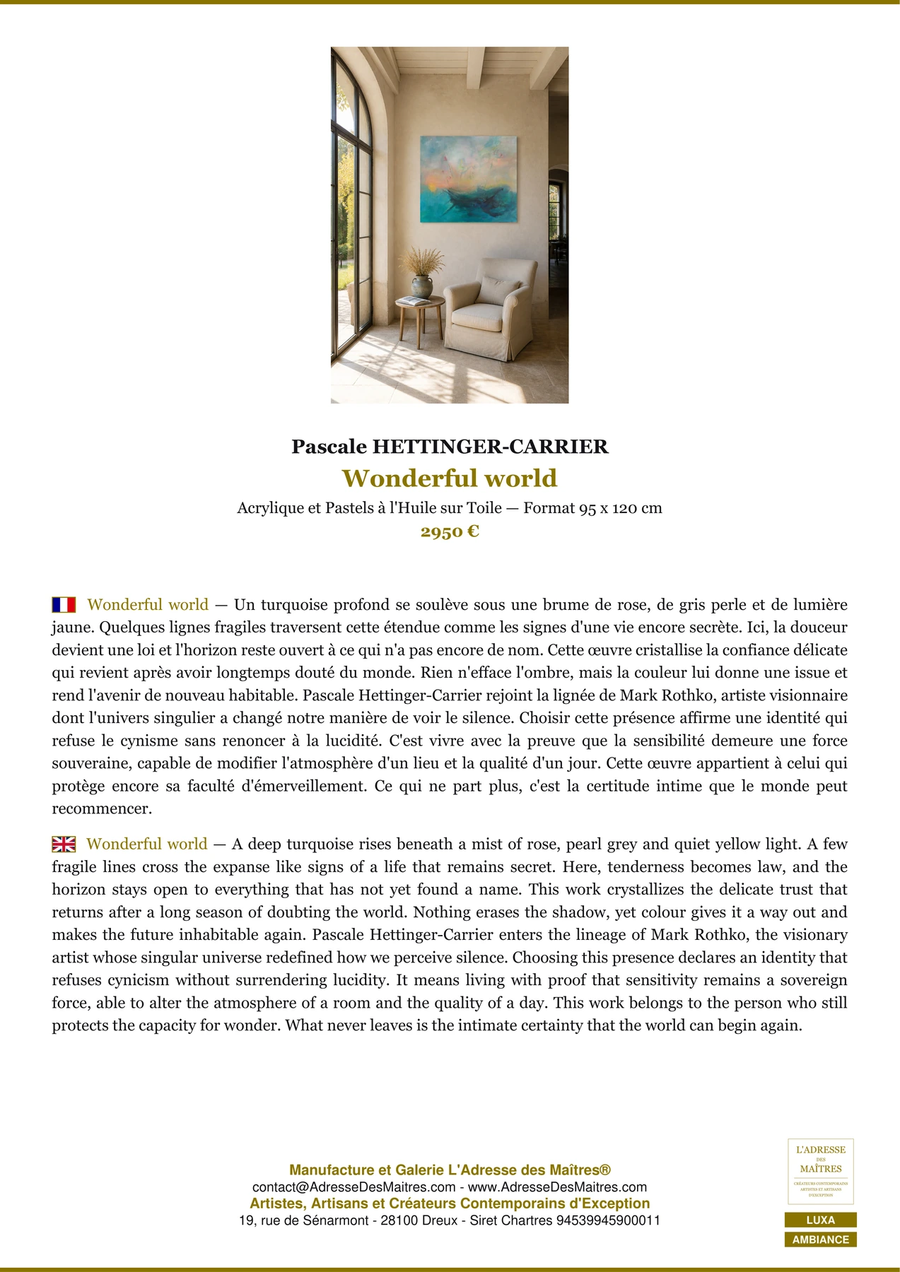 Fiche Premium Ambiance - Wonderful world - Pascale HETTINGER-CARRIER - L'Adresse des Maîtres®