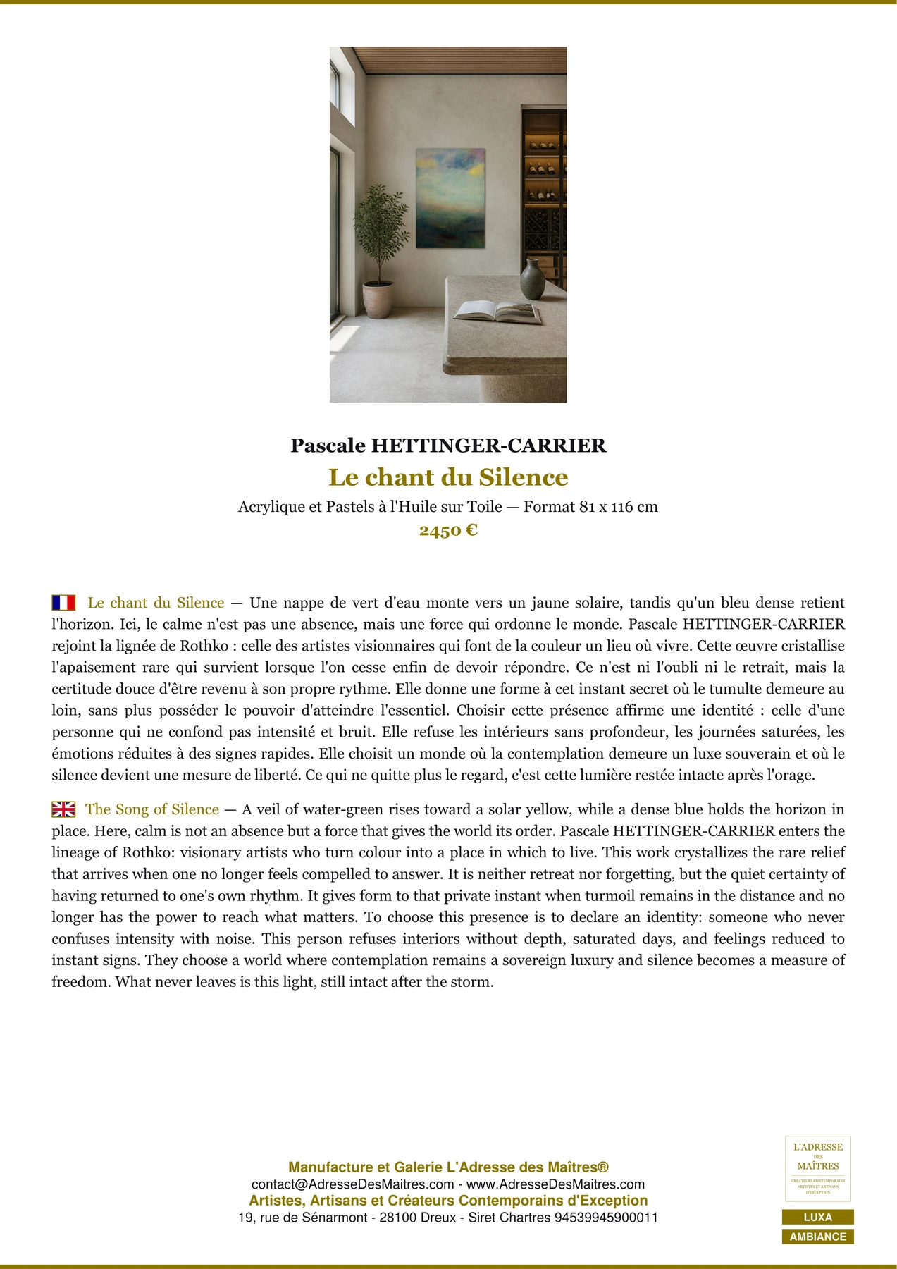 Fiche Premium Ambiance - Le chant du Silence - Pascale HETTINGER-CARRIER - L'Adresse des Maîtres®