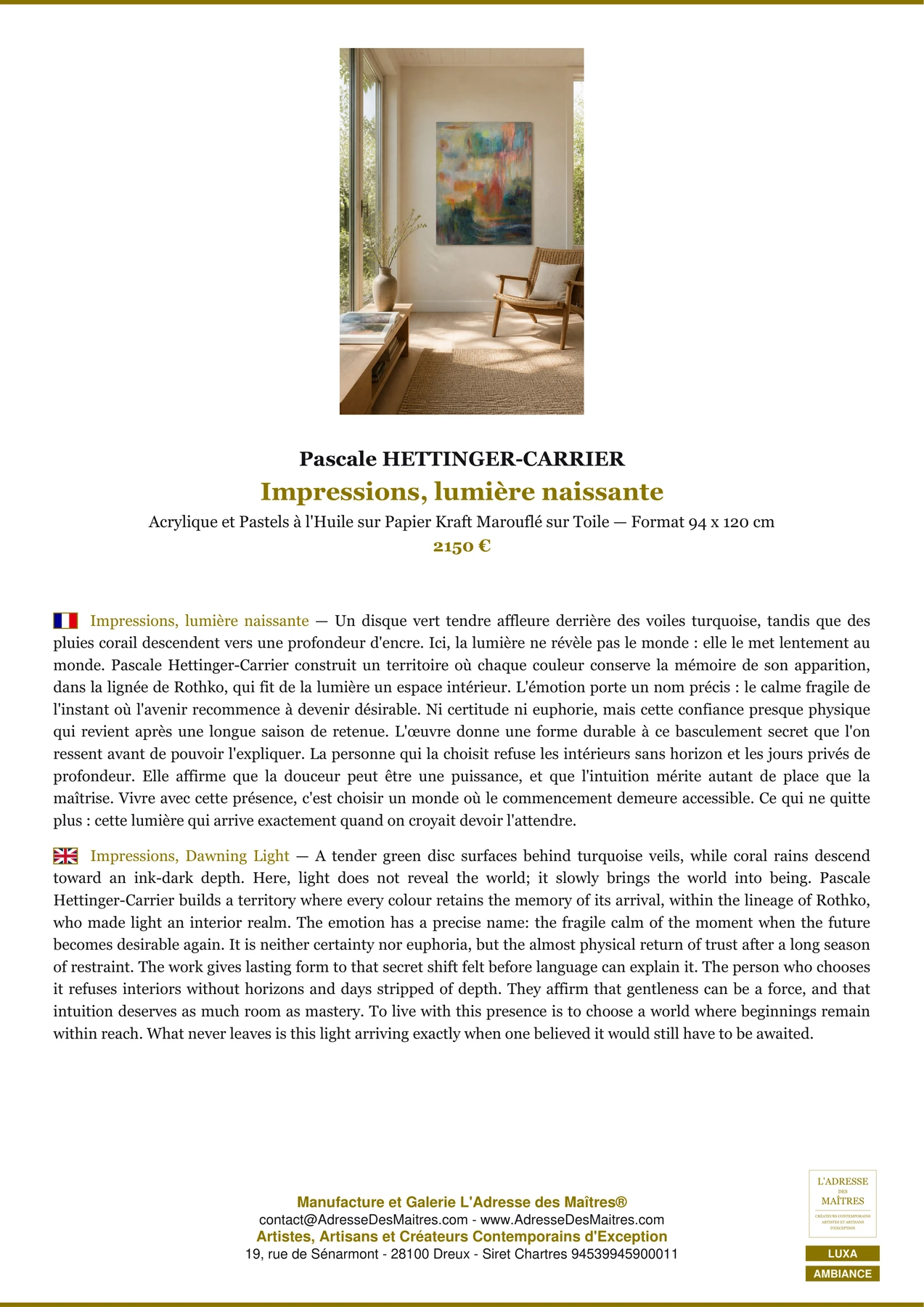Fiche Premium Ambiance - Impressions, lumière naissante - Pascale HETTINGER-CARRIER - L'Adresse des Maîtres®