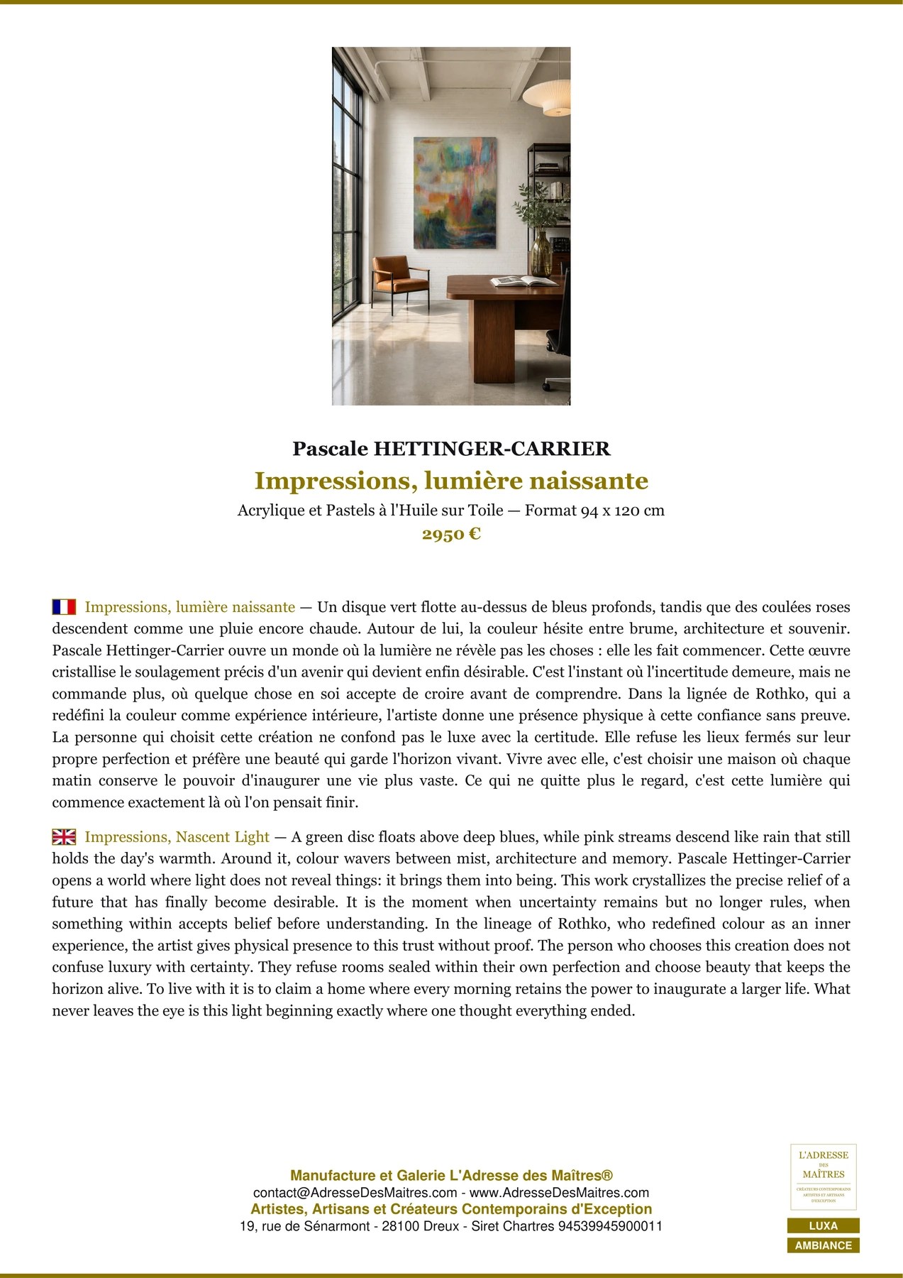 Fiche Premium Ambiance - Impressions, lumière naissante - Pascale HETTINGER-CARRIER - L'Adresse des Maîtres®
