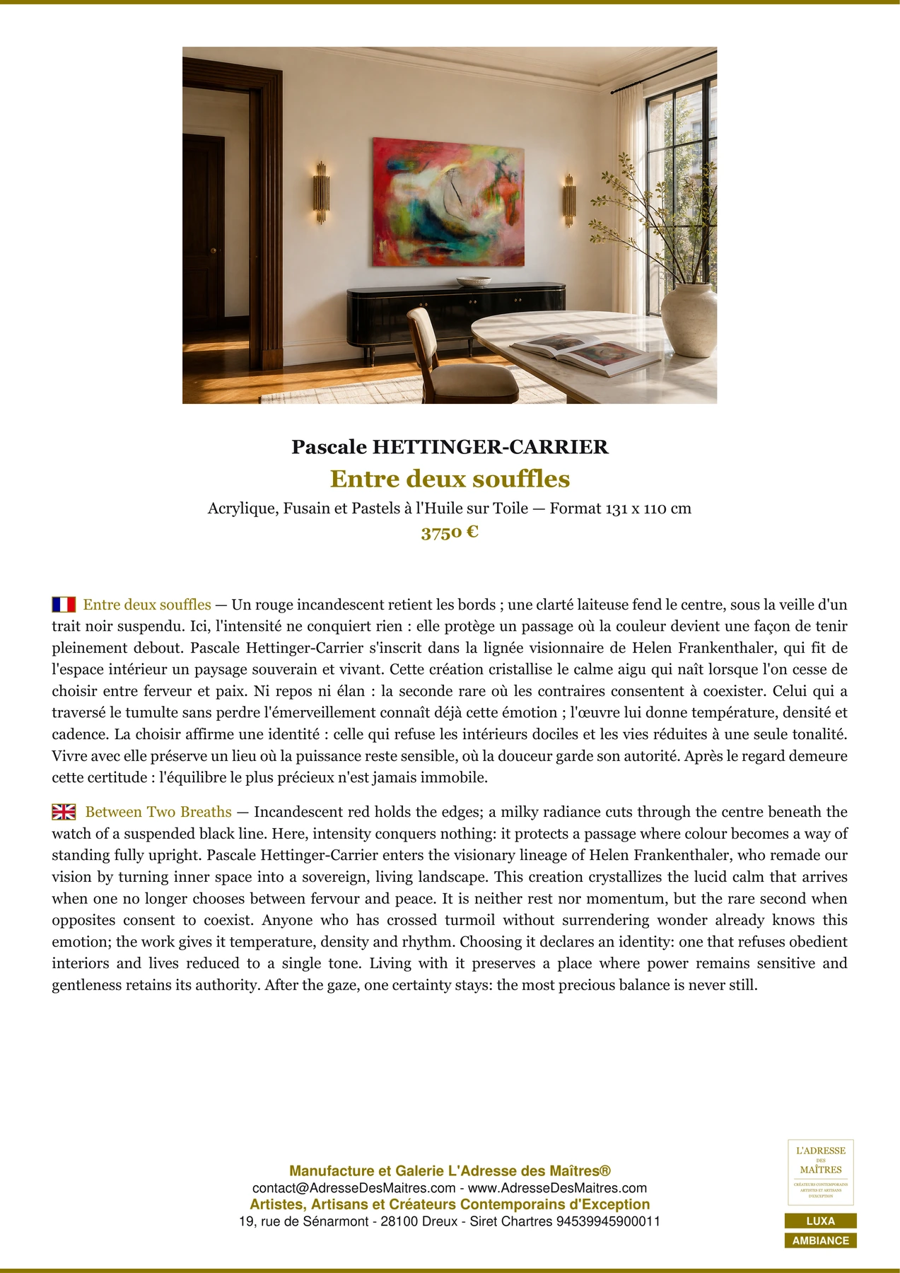 Fiche Premium Ambiance - Entre deux souffles - Pascale HETTINGER-CARRIER - L'Adresse des Maîtres®