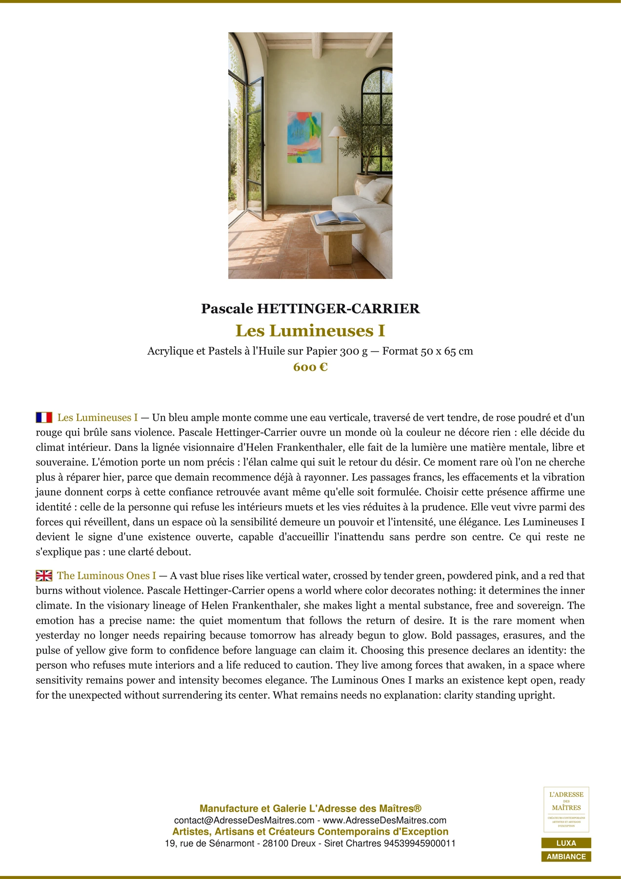 Fiche Premium Ambiance - Les Lumineuses I - Pascale HETTINGER-CARRIER - L'Adresse des Maîtres®