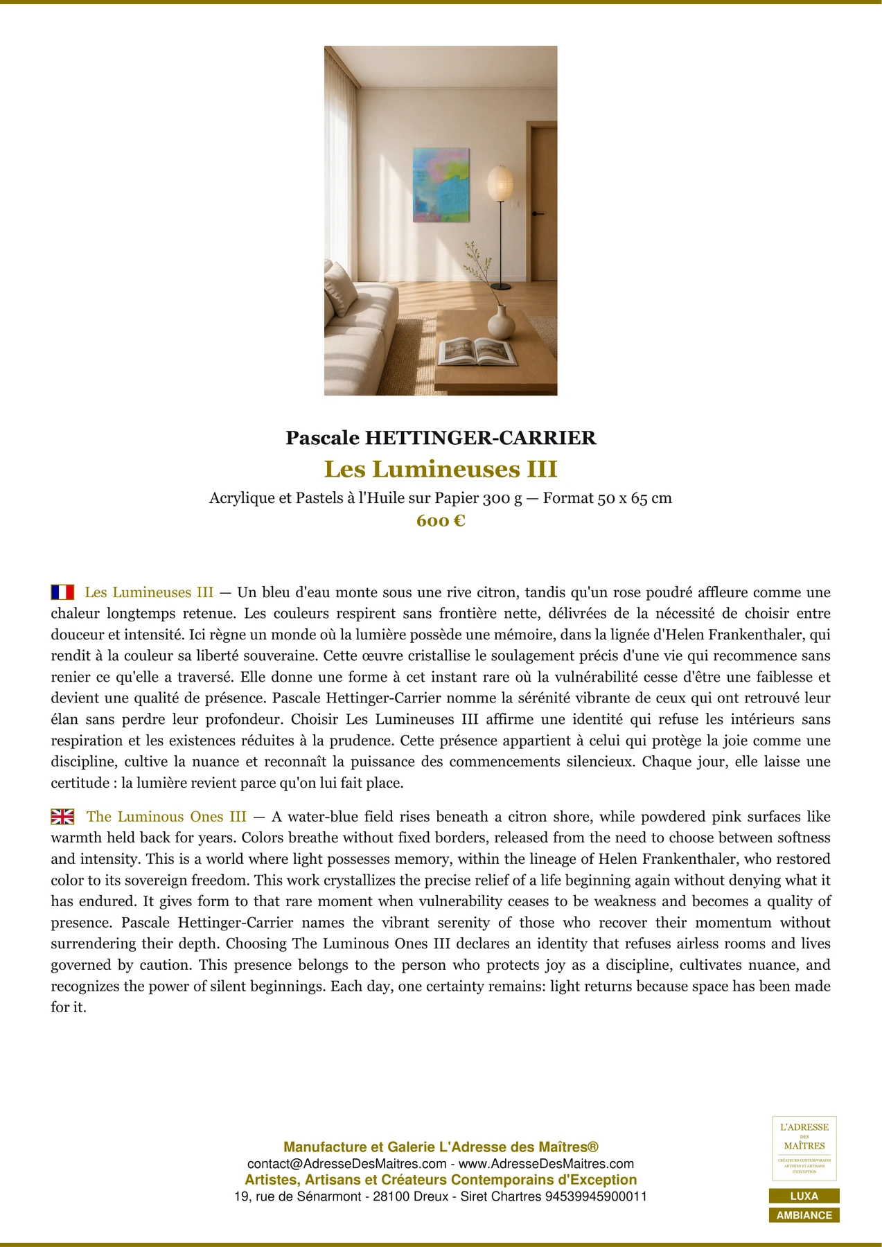 Fiche Premium Ambiance - Les Lumineuses III - Pascale HETTINGER-CARRIER - L'Adresse des Maîtres®