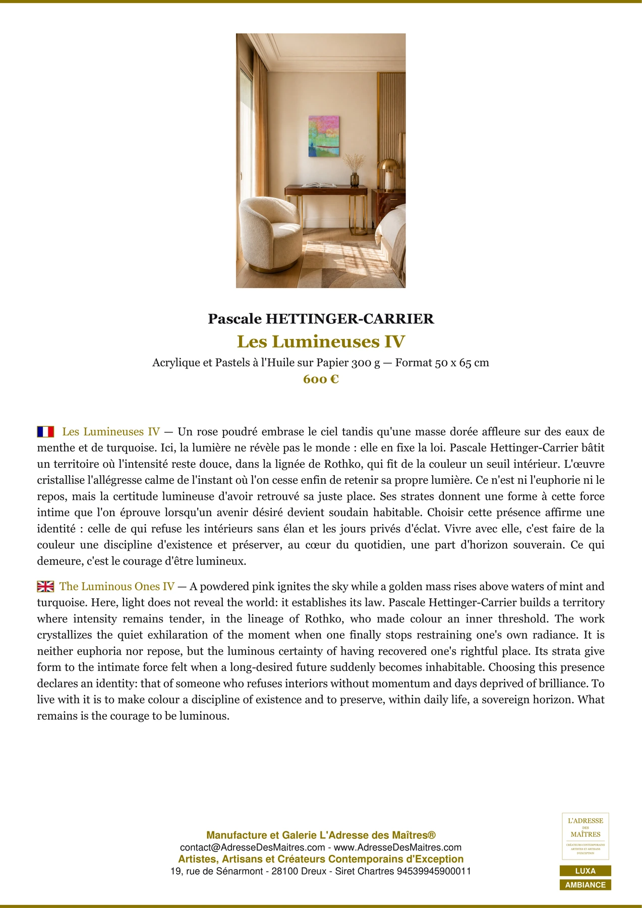 Fiche Premium Ambiance - Les Lumineuses IV - Pascale HETTINGER-CARRIER - L'Adresse des Maîtres®