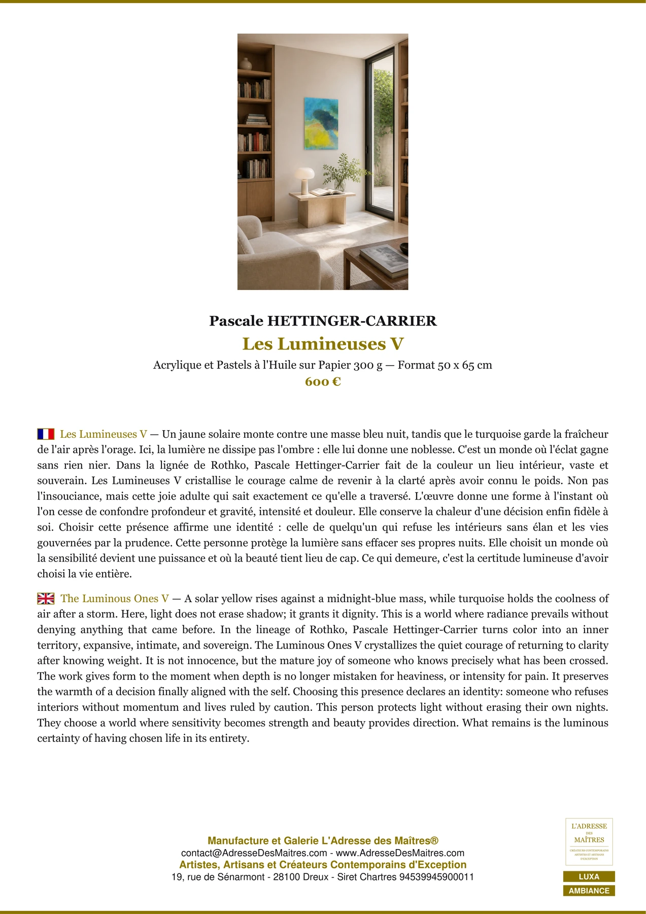 Fiche Premium Ambiance - Les Lumineuses V - Pascale HETTINGER-CARRIER - L'Adresse des Maîtres®