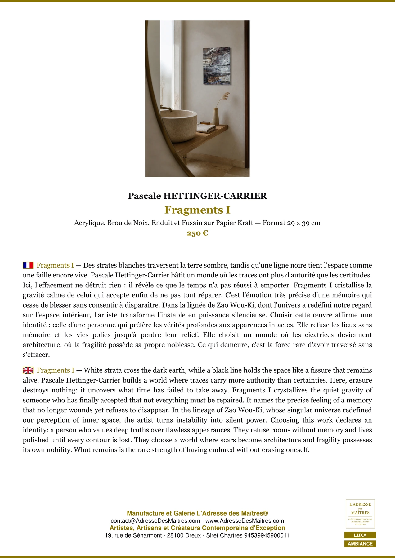 Fiche Premium Ambiance - Fragments I - Pascale HETTINGER-CARRIER - L'Adresse des Maîtres®