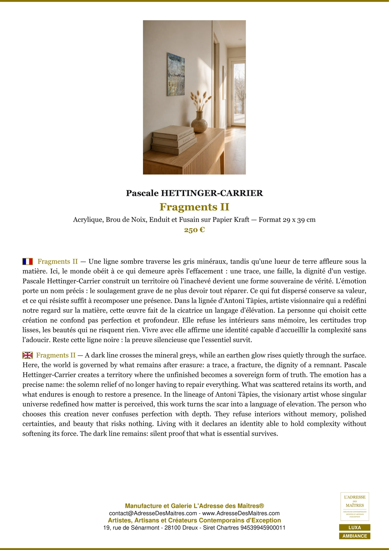 Fiche Premium Ambiance - Fragments II - Pascale HETTINGER-CARRIER - L'Adresse des Maîtres®