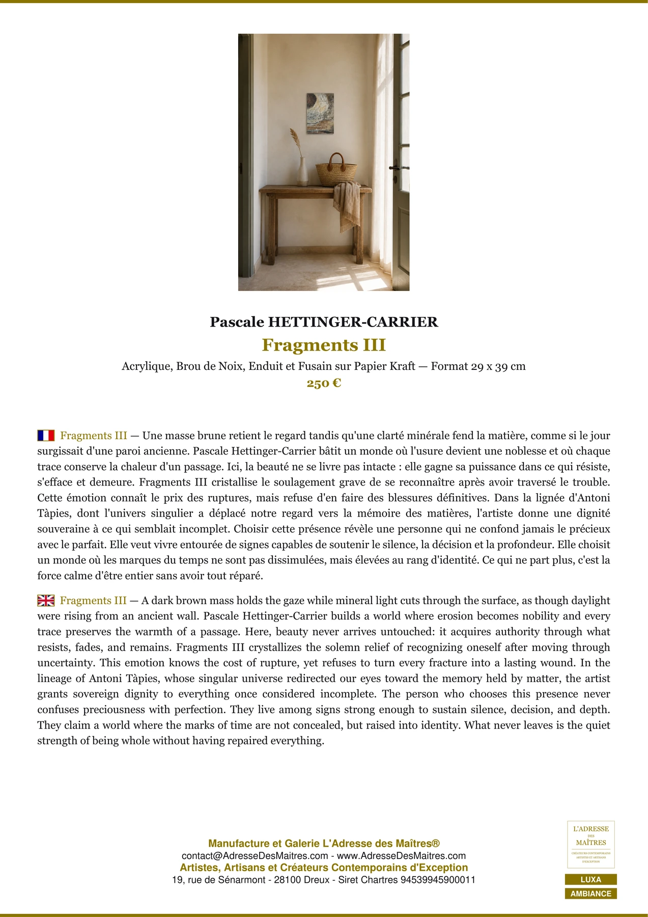 Fiche Premium Ambiance - Fragments III - Pascale HETTINGER-CARRIER - L'Adresse des Maîtres®