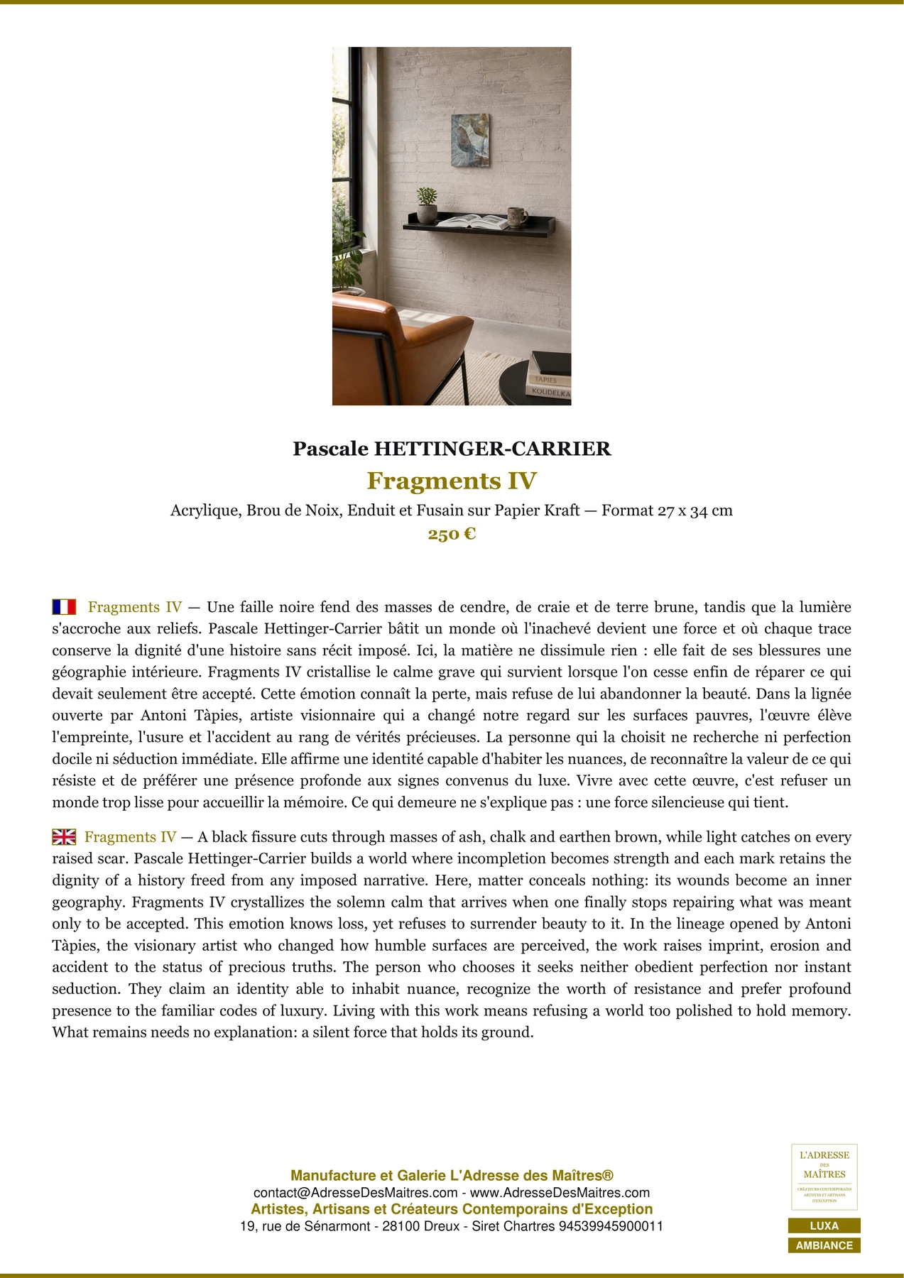 Fiche Premium Ambiance - Fragments IV - Pascale HETTINGER-CARRIER - L'Adresse des Maîtres®