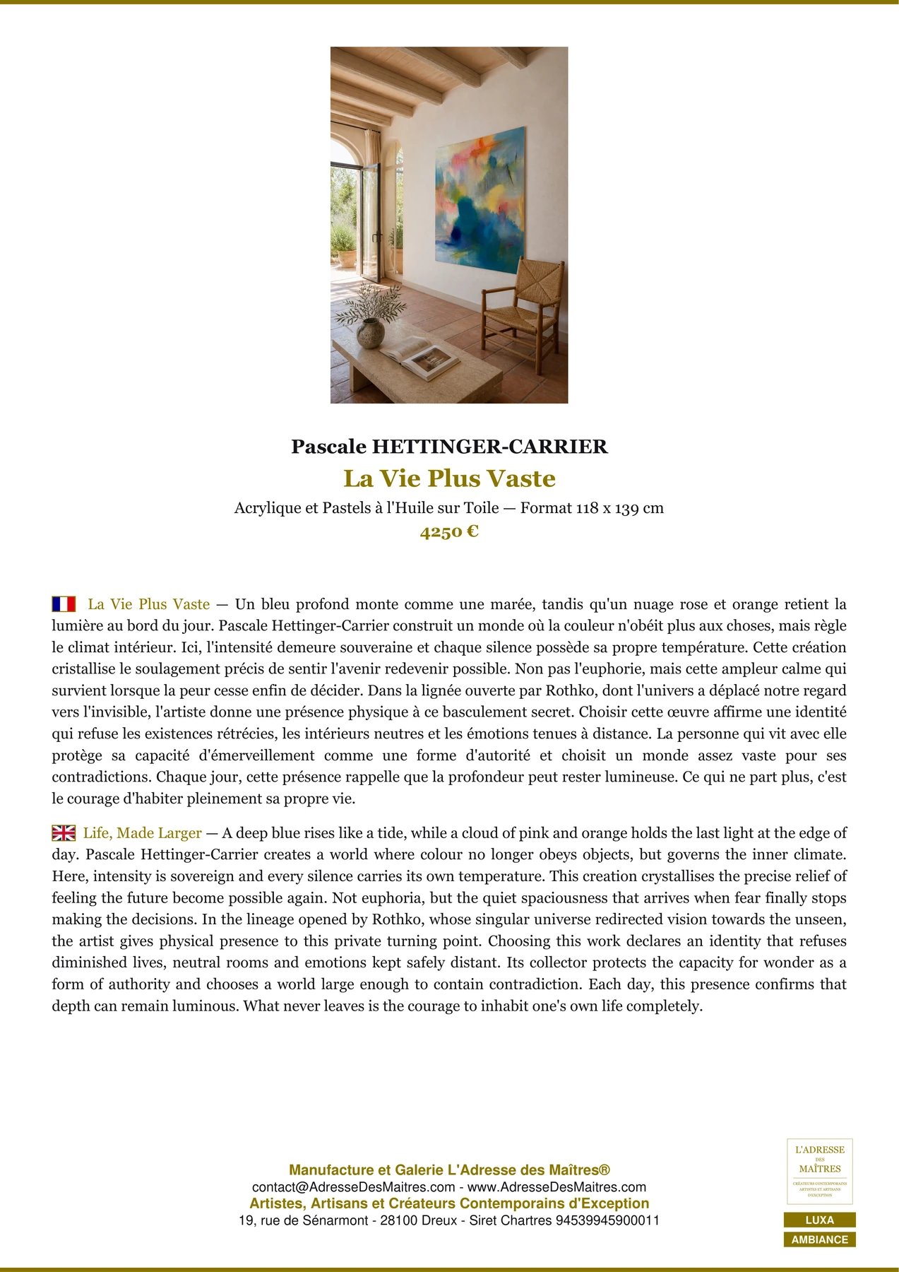 Fiche Premium Ambiance - La Vie Plus Vaste - Pascale HETTINGER-CARRIER - L'Adresse des Maîtres®