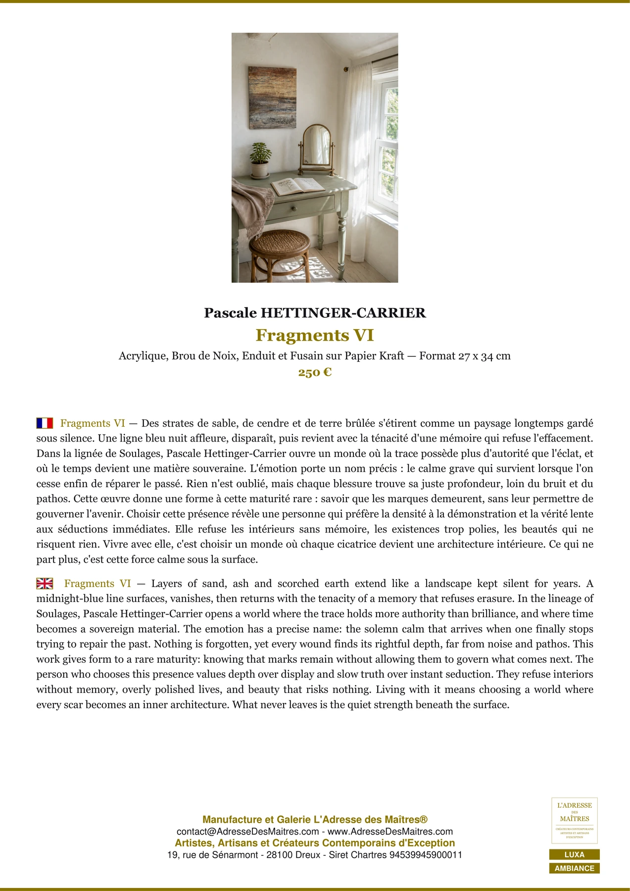 Fiche Premium Ambiance - Fragments VI - Pascale HETTINGER-CARRIER - L'Adresse des Maîtres®