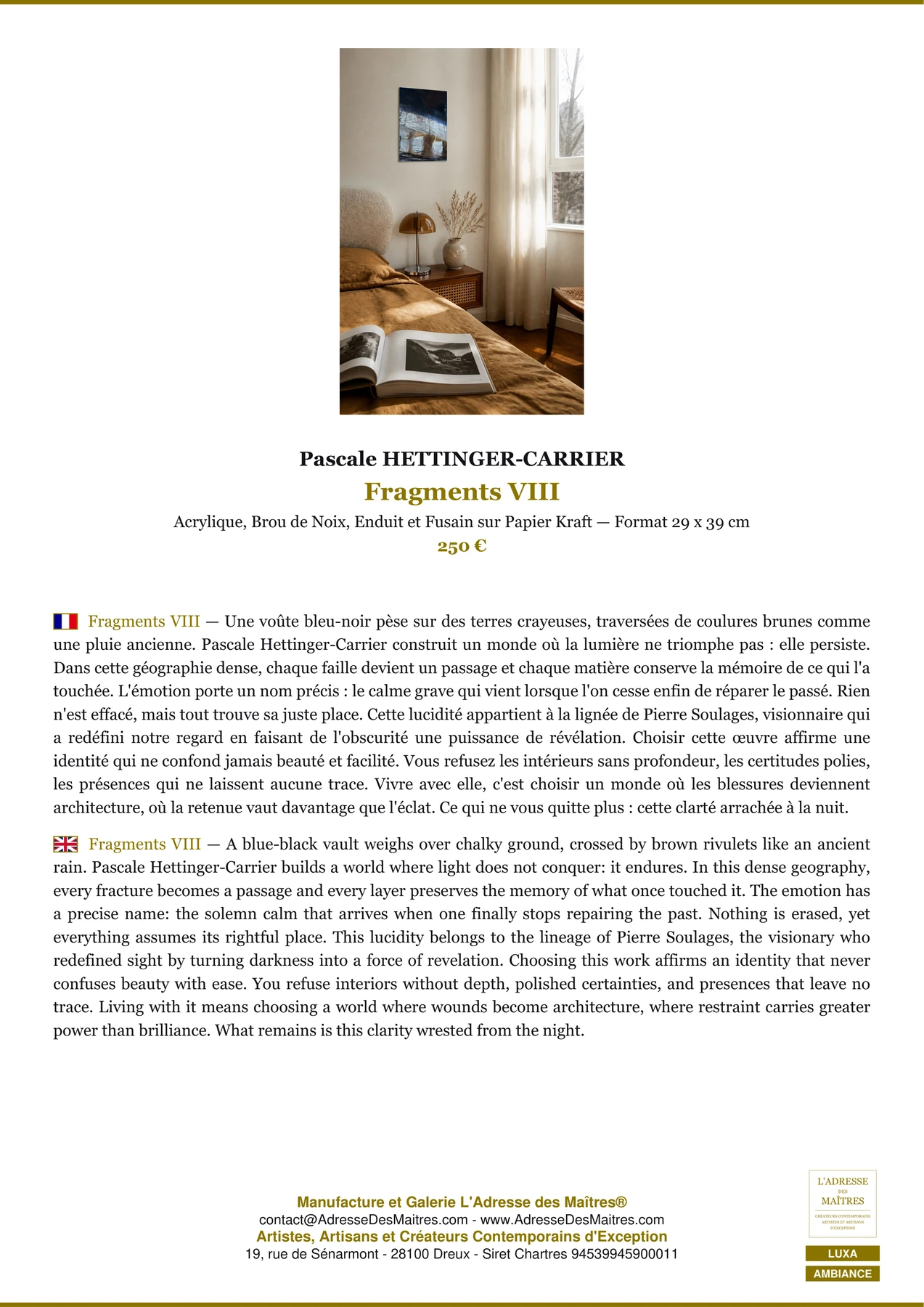 Fiche Premium Ambiance - Fragments VIII - Pascale HETTINGER-CARRIER - L'Adresse des Maîtres®