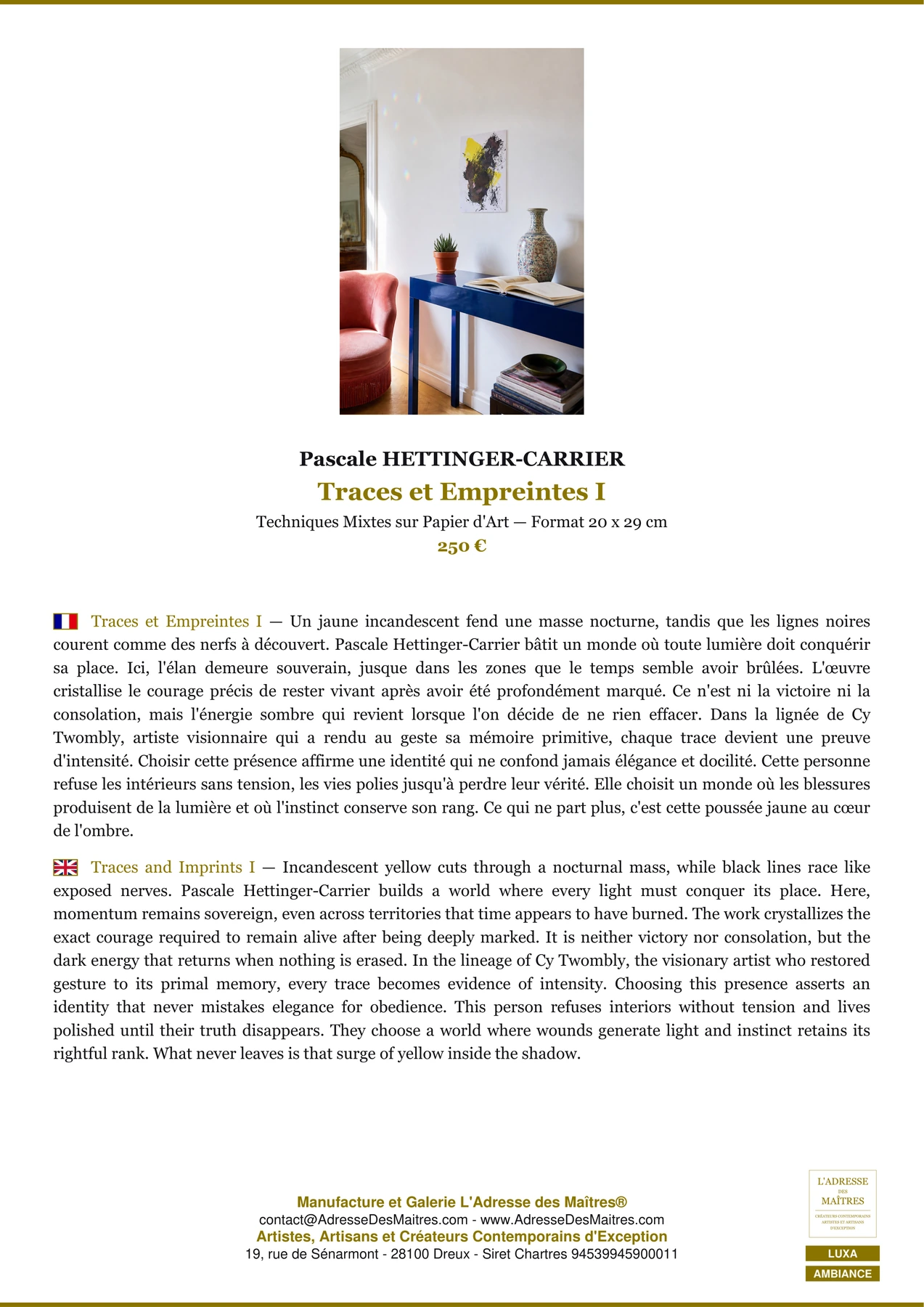 Fiche Premium Ambiance - Traces et Empreintes I - Pascale HETTINGER-CARRIER - L'Adresse des Maîtres®