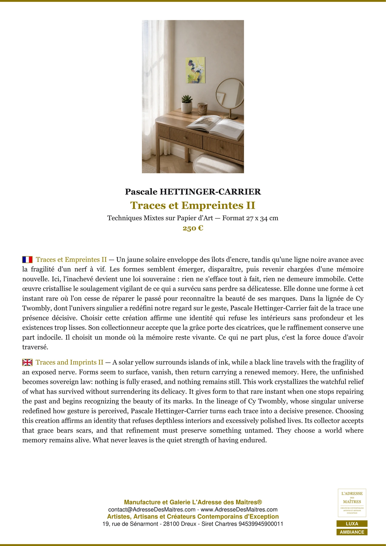 Fiche Premium Ambiance - Traces et Empreintes II - Pascale HETTINGER-CARRIER - L'Adresse des Maîtres®
