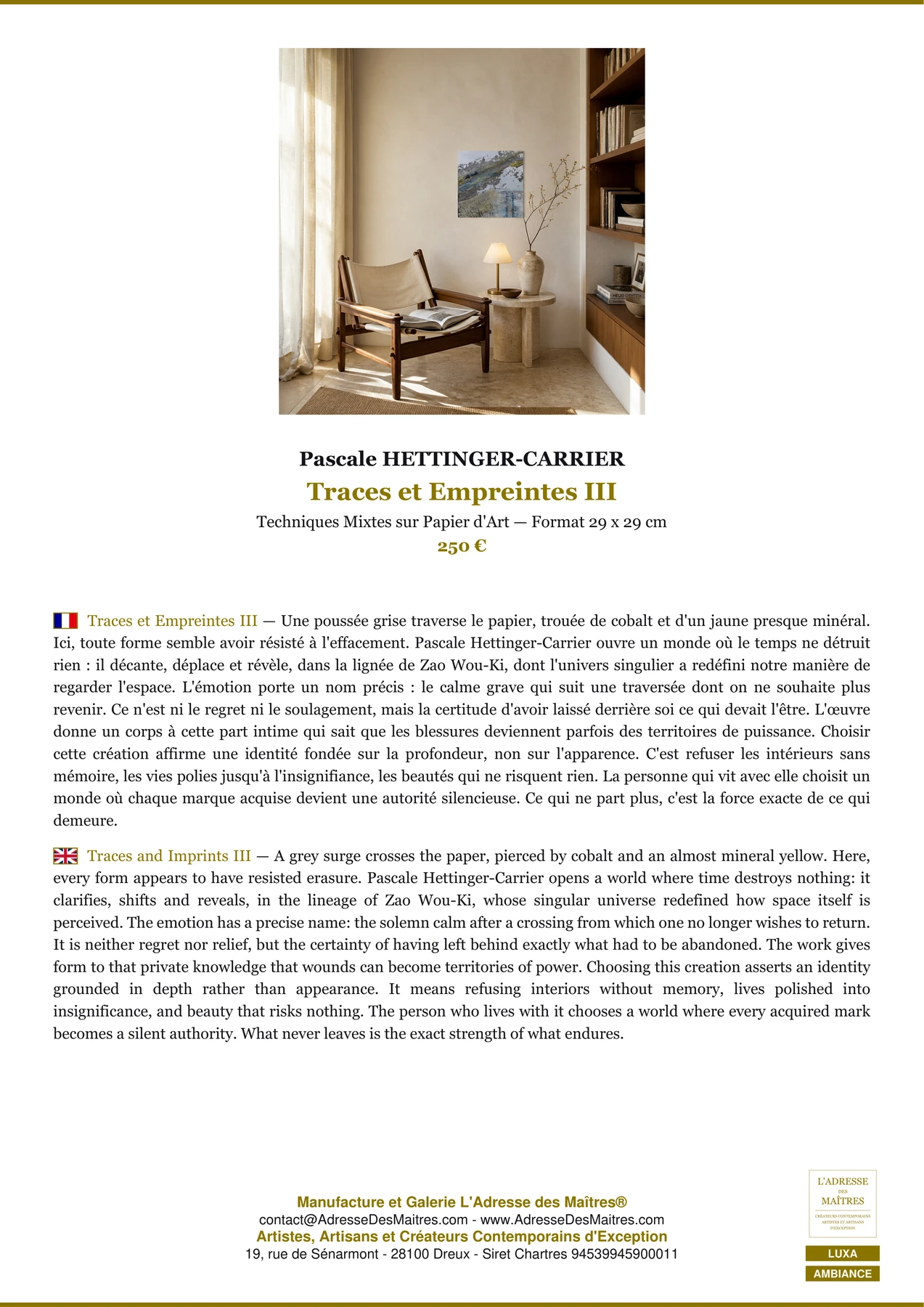 Fiche Premium Ambiance - Traces et Empreintes III - Pascale HETTINGER-CARRIER - L'Adresse des Maîtres®