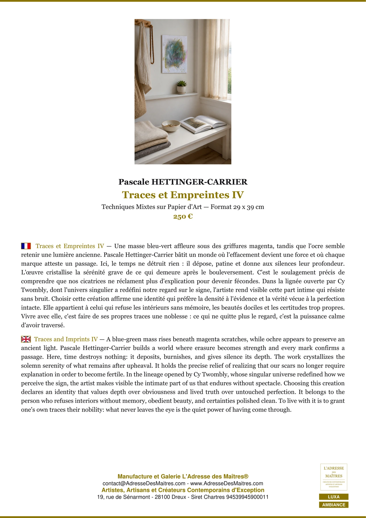 Fiche Premium Ambiance - Traces et Empreintes IV - Pascale HETTINGER-CARRIER - L'Adresse des Maîtres®
